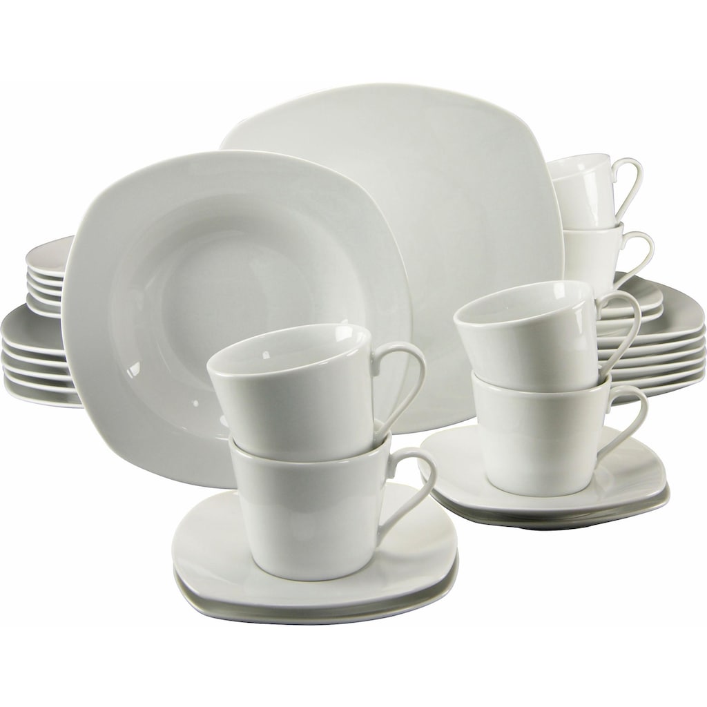 CreaTable Kombiservice »Geschirr-Set Amelie«, (Set, 30 tlg., Kaffeeservice und Tafelservice im Set, für 6 Personen), Service, weiß, quadratische Form, 30 Teile, für 6 Personen