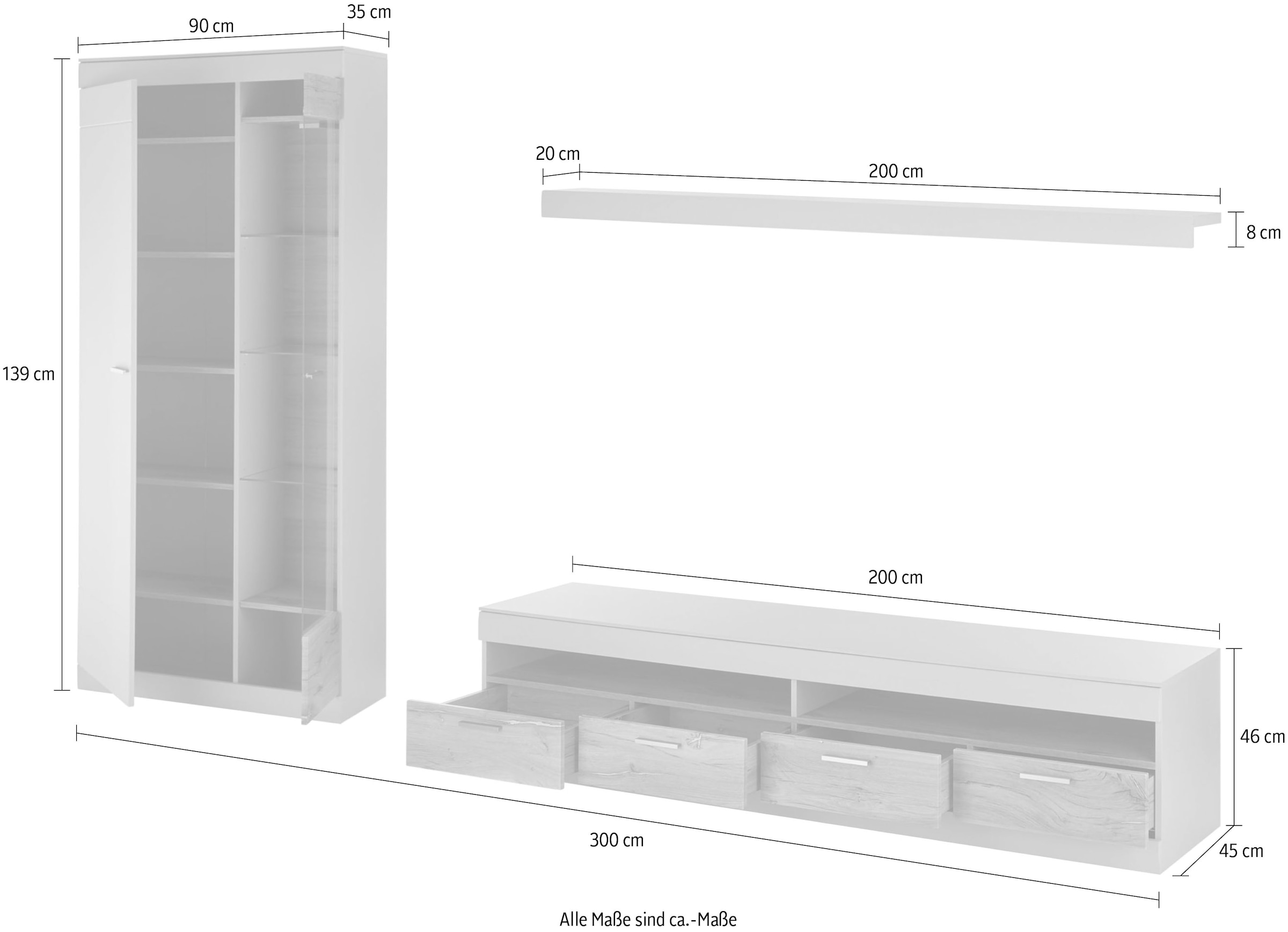 INOSIGN Wohnwand »SCARA«, (3 St.), trendige Farbe mit Applikation Zinneiche Dekor, mit Softclose-Funktion