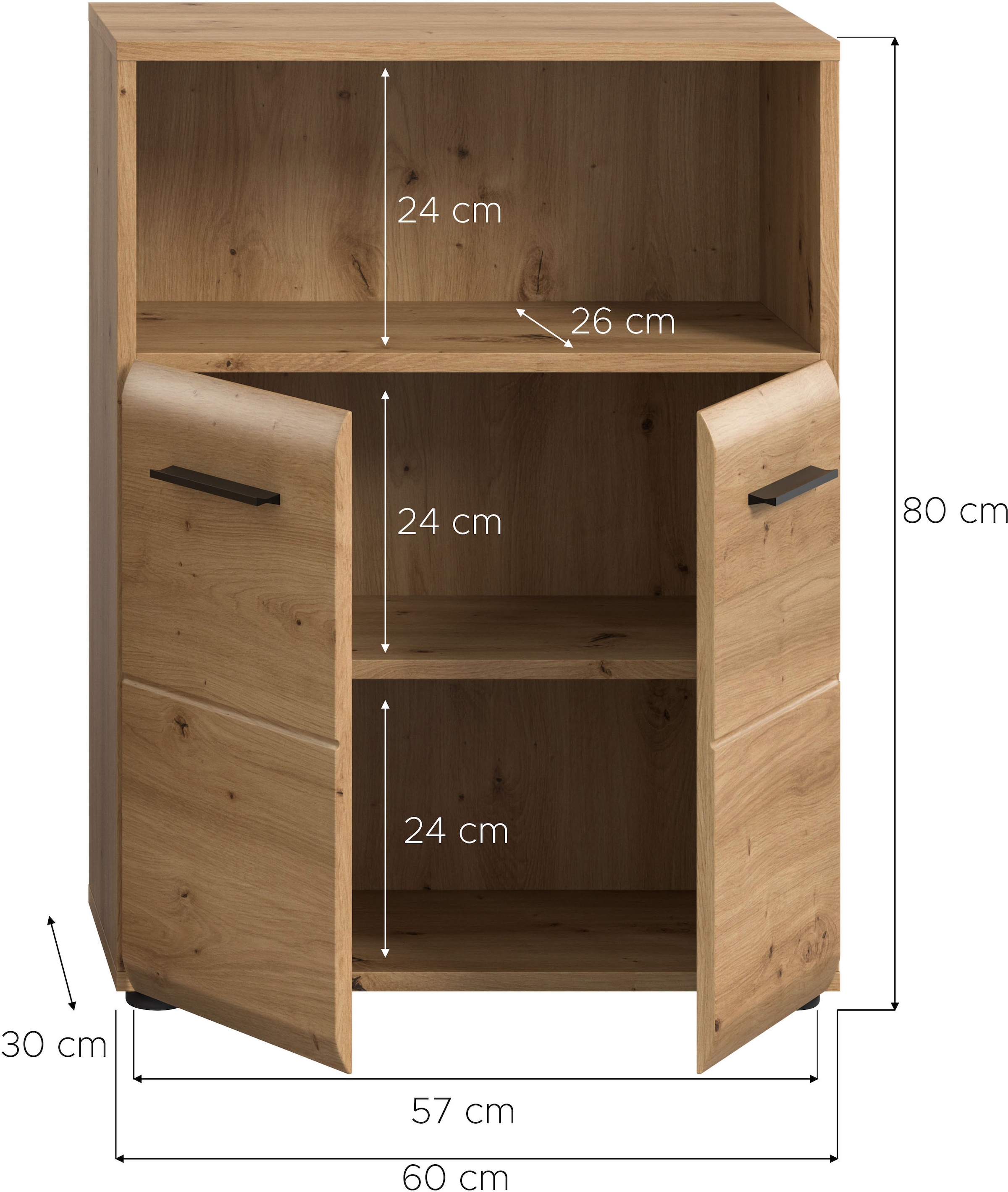 INOSIGN Stauraumschrank »FLORENZ, TOPSELLER!, Breite 60 cm, 2 Türen, 1 Fachboden, 1 offene Fach« TOPSELLER!,  hochwertige MDF Front, Griff schwarz, Badschrank, Bad