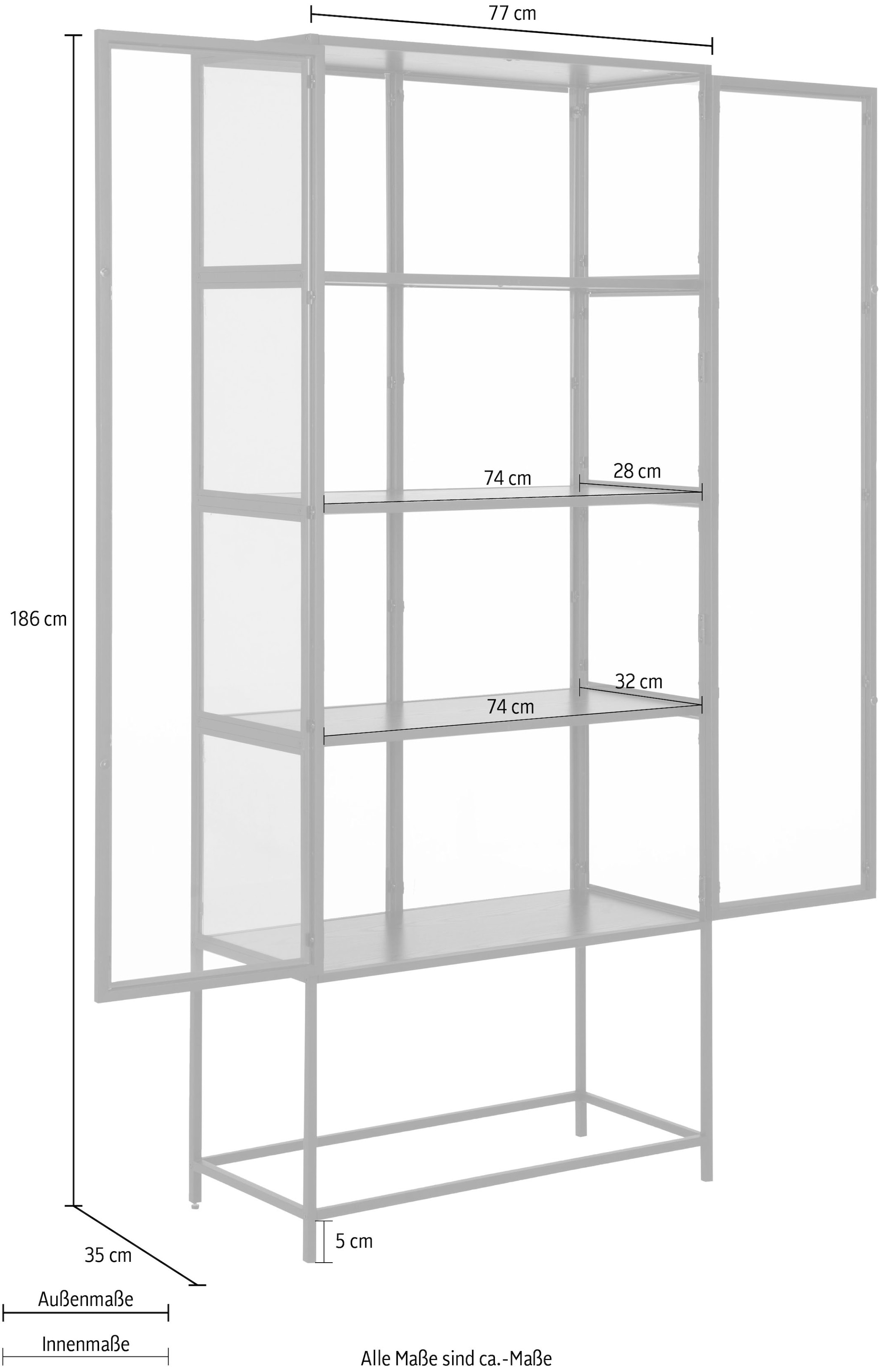 ACTONA GROUP Glasvitrine, mit Glastüren und Metallrahmen, 4 Einlegeböden, B: 77 x H: 185,6 cm