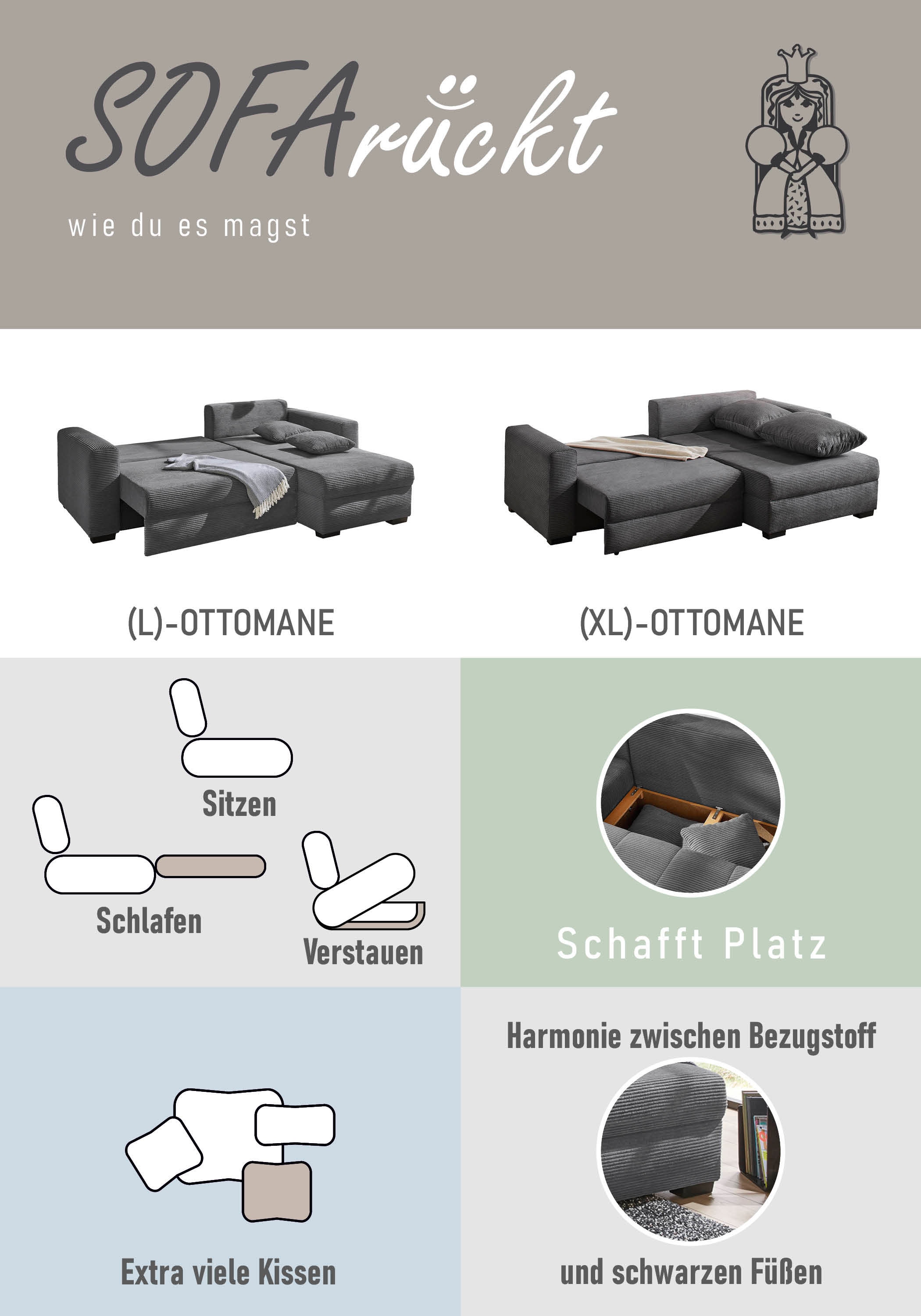 Jockenhöfer Gruppe Ecksofa »Elmau, L-Form, Breite 235cm«, inkl. Bettfunktion, Bettkasten, Ottomane links/rechts montierbar