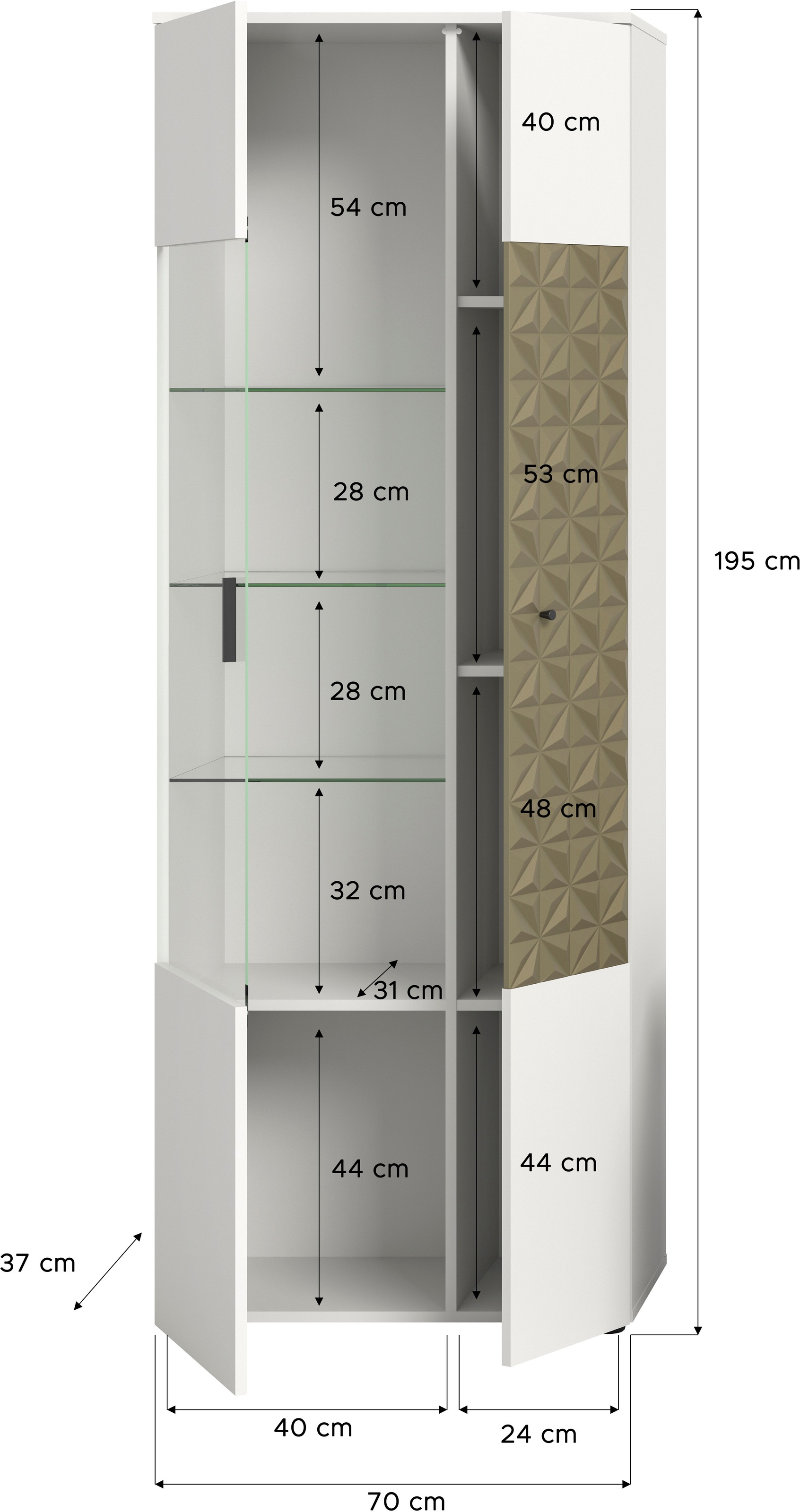 INOSIGN Vitrine »Vicenza, Höhe 195 cm, Ornamentabsetzung, 2 Türen, 9 Fächer«, 3 Glaseinlegeböden, Vitrinenschrank, Schrank, Hochschrank, Wohnschrank
