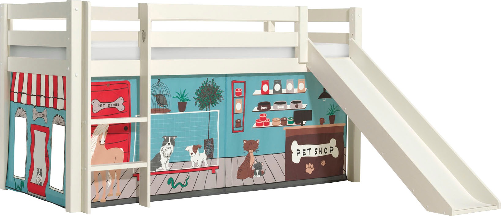 Vipack Spielbett »Vipack Pino«, (Made in Europe), Hochbett mit Textil-Set, inkl. Rolllattenrost, Leiter und Rutsche