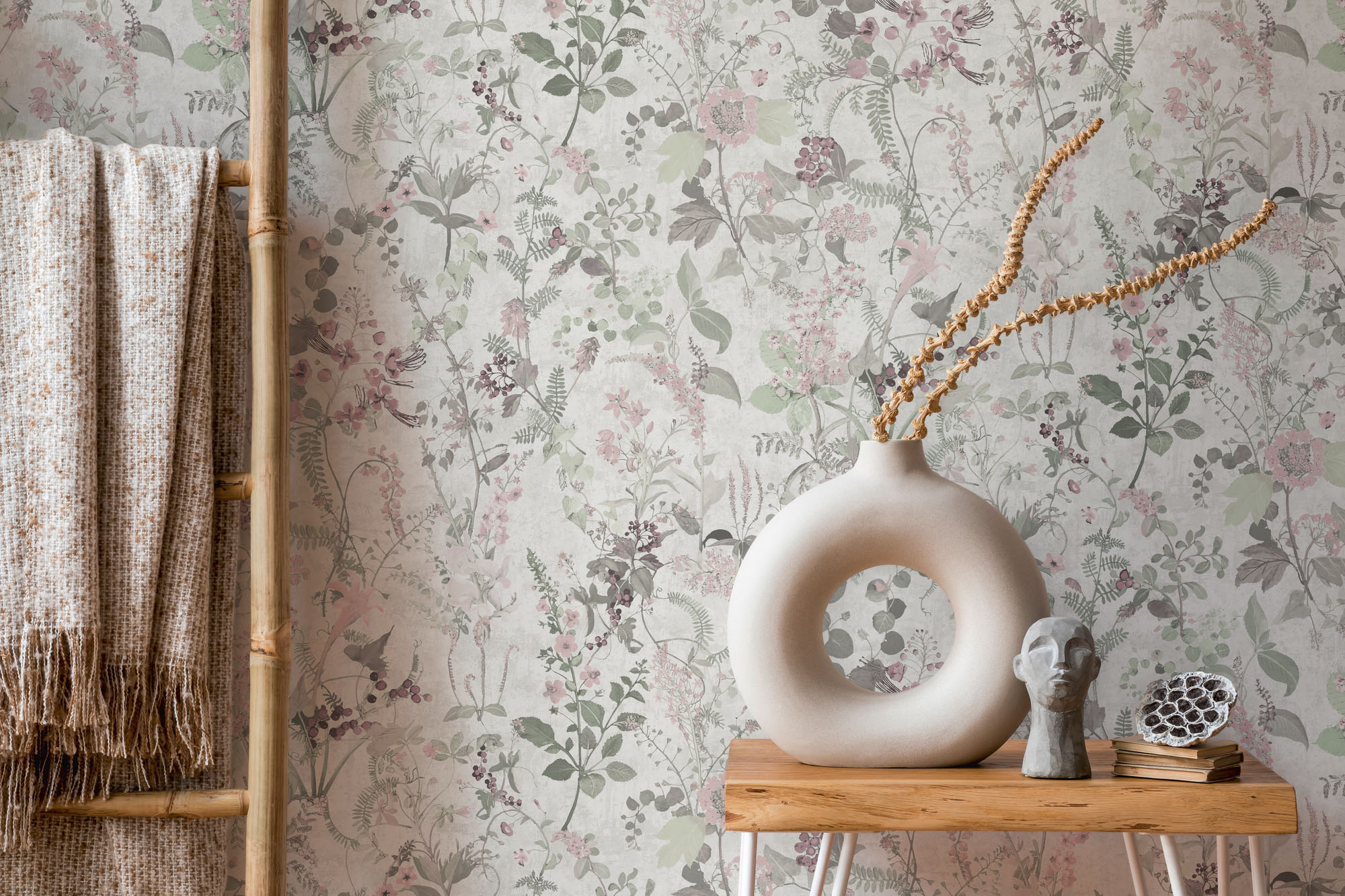 A.S. Création Vliestapete "THE BOS Landhaus Blumentapete" gemustert matt neutral strukturiert Pflanzen Floral Tapeten Wohnzimmer Schlafzimmer Küche Design Optik