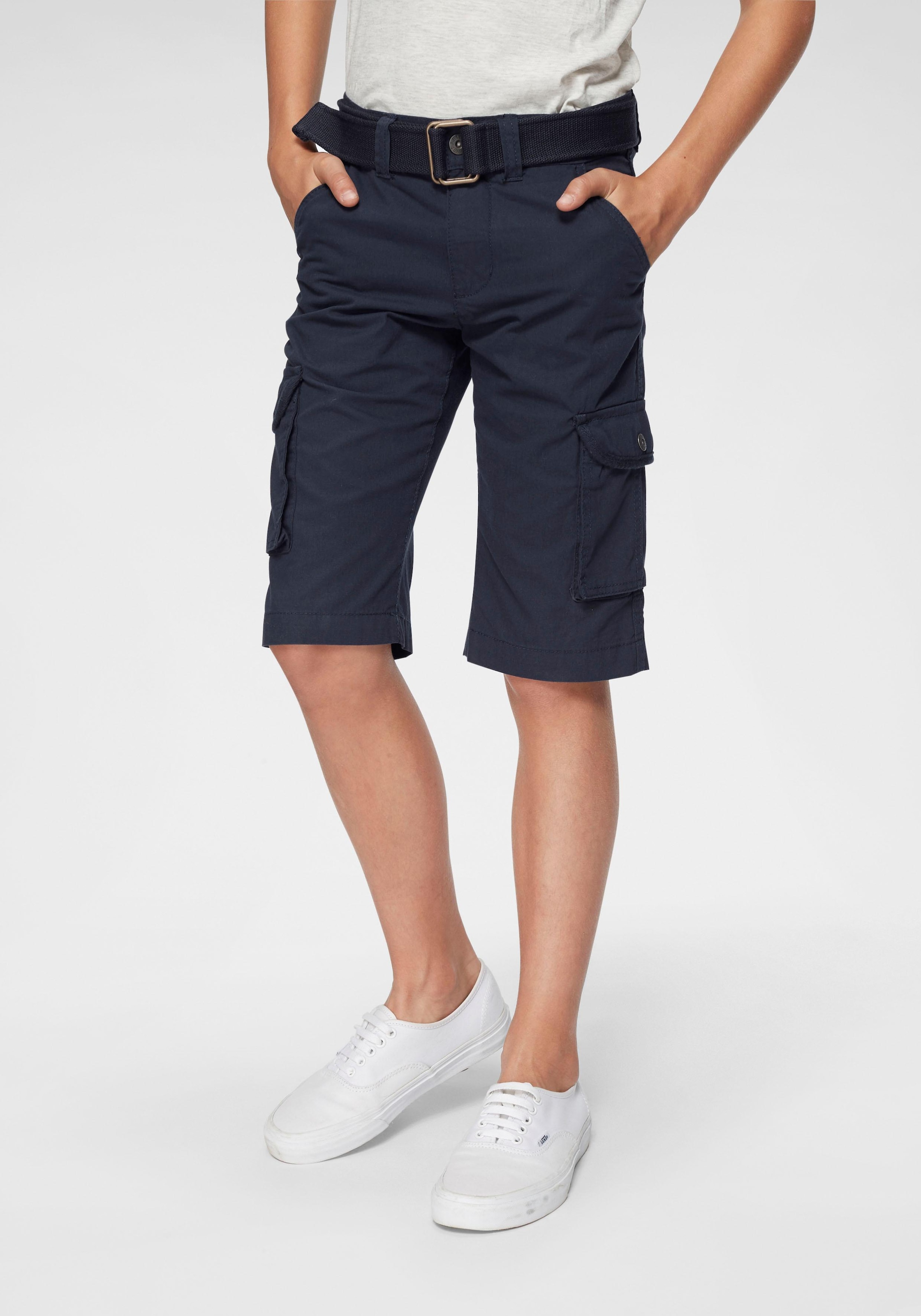KIDSWORLD Jungen Shorts "2tgl. Bermudas mit Gürtel", blau, Basic, Gr. 158, unifarben, Web, Obermaterial: 100% Baumwolle, Hosen, mit Textilgürtel für