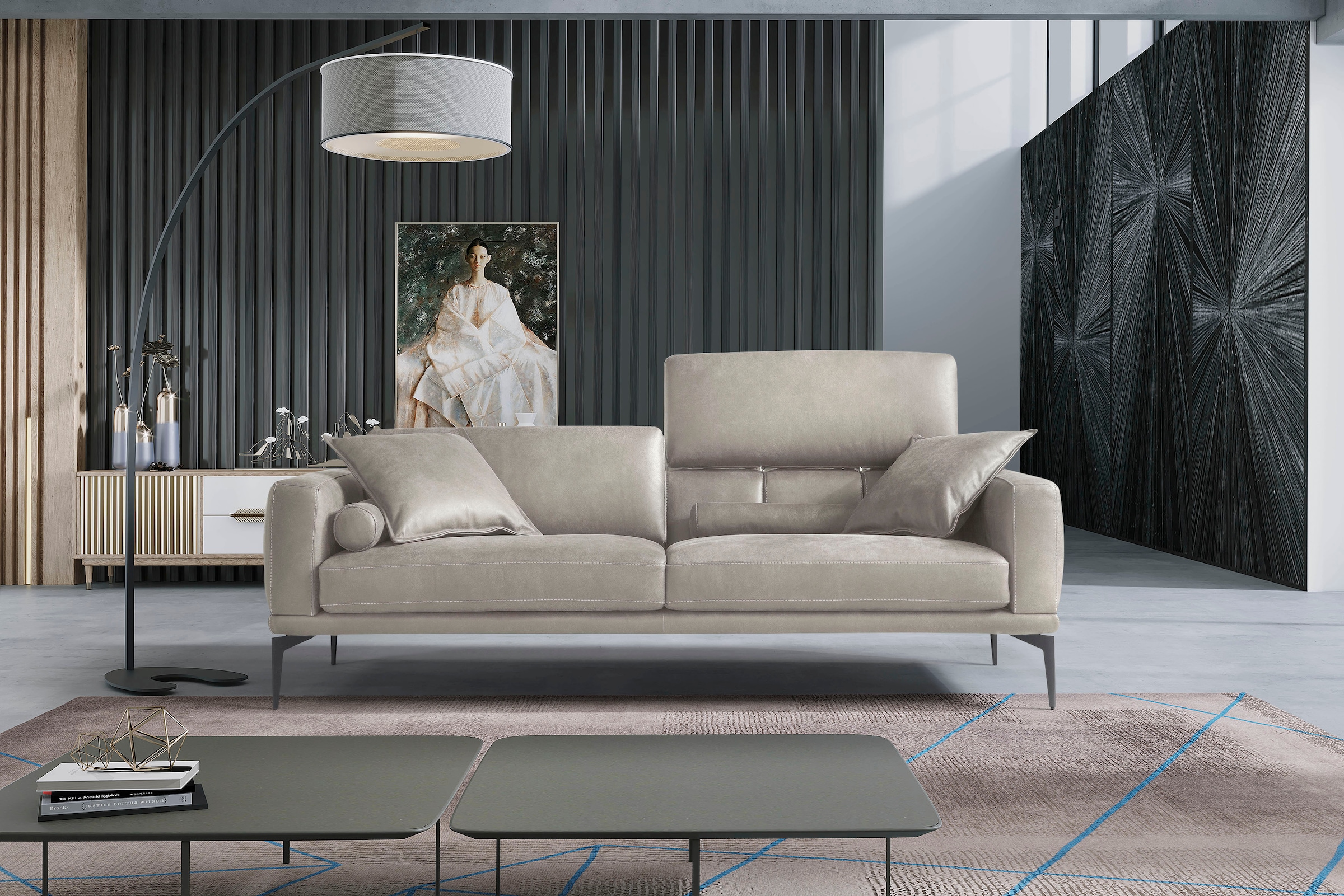 Egoitaliano 2,5-Sitzer "Masu, Designsofa mit erstklassigem Sitzkomfort, Breite 218cm" inkl. 2 Kissenrollen, Rückenelemente manuell verstellbar, Metallfüße