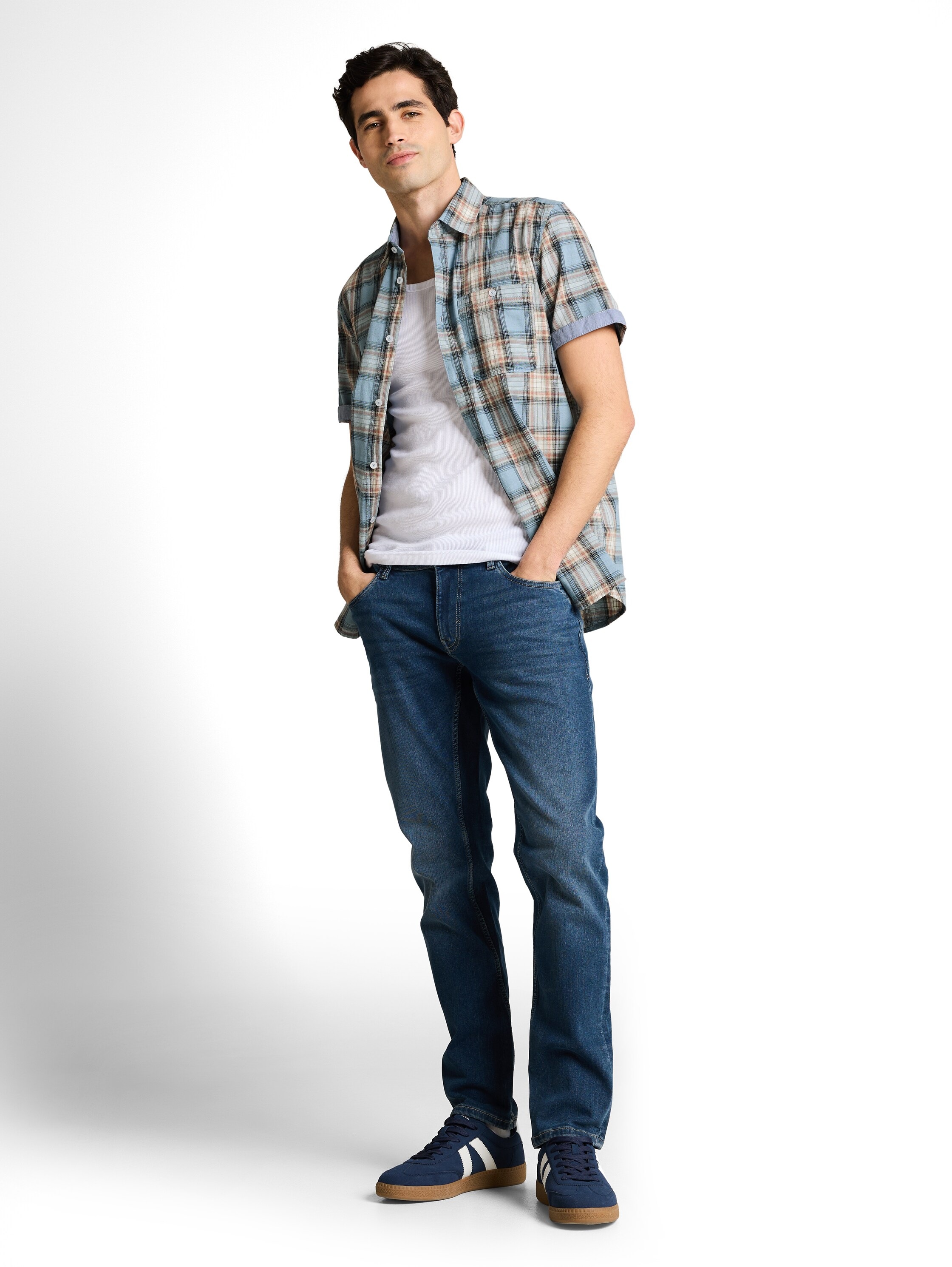 Kurzarmhemd TOM TAILOR, Herren, Gr. M, N-Gr, blau multicolor check, Web, Obermaterial: 100% Baumwolle, kariert, regular fit normal, ohne Ausschnitt, gerader Abschluss, Hemden, mit Karo Muster 6