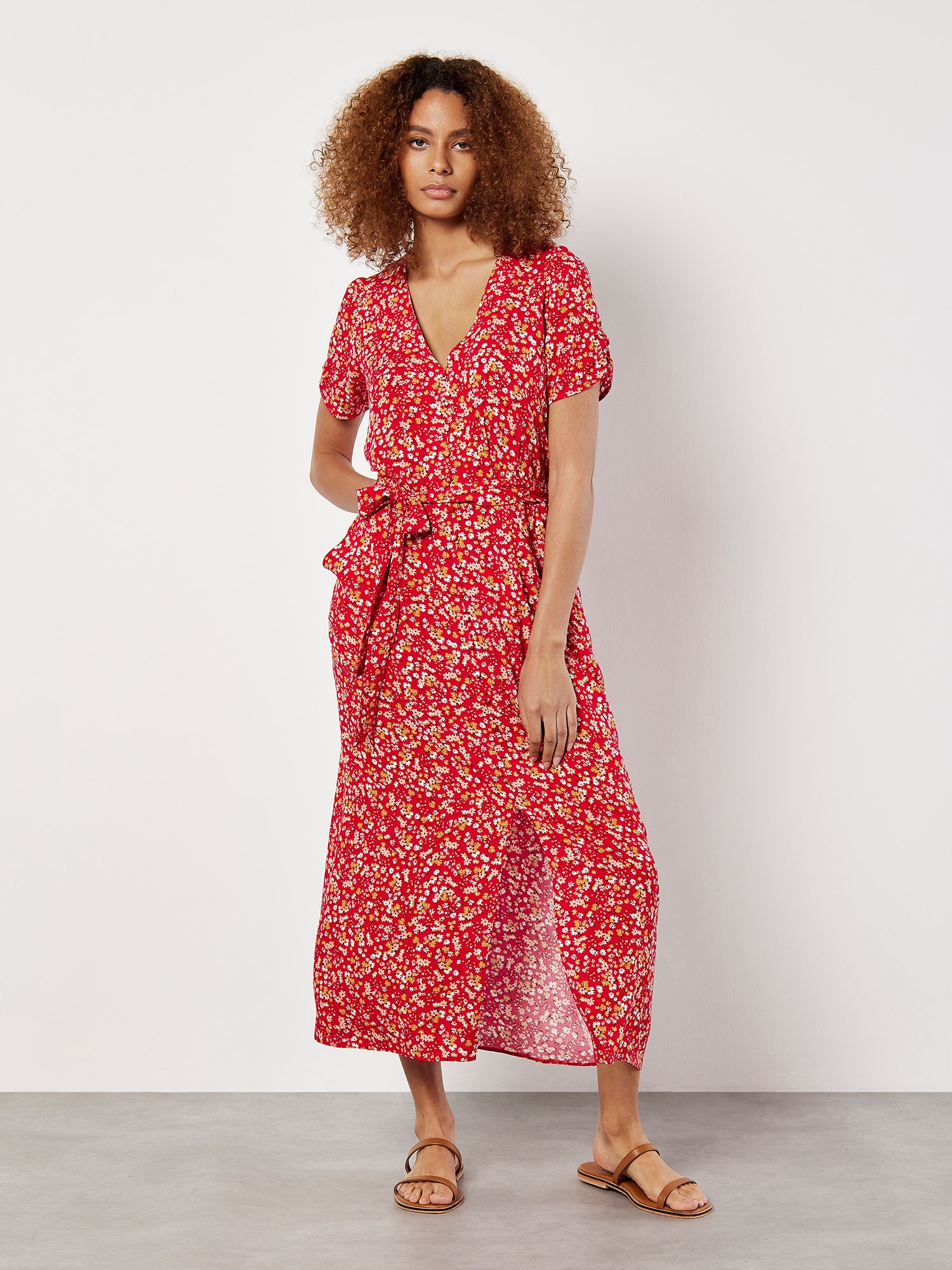 Apricot Druckkleid "Ditsy Floral Decorative Button Dress" mit Tallenbindeband