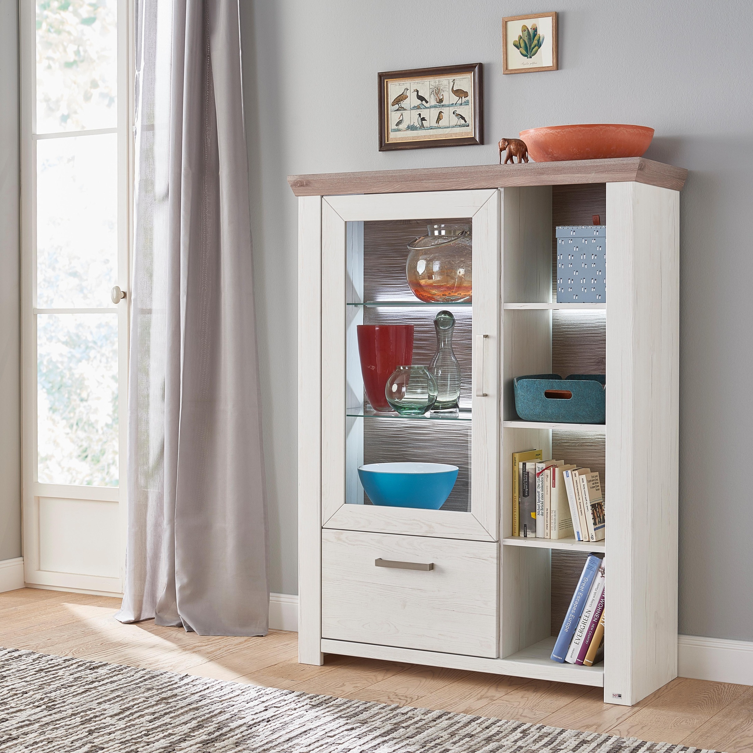 set one by Musterring Highboard »York«, Typ 13 und 14, mit Glastür und Schubkasten, 3 Farbvarianten, B 105 cm
