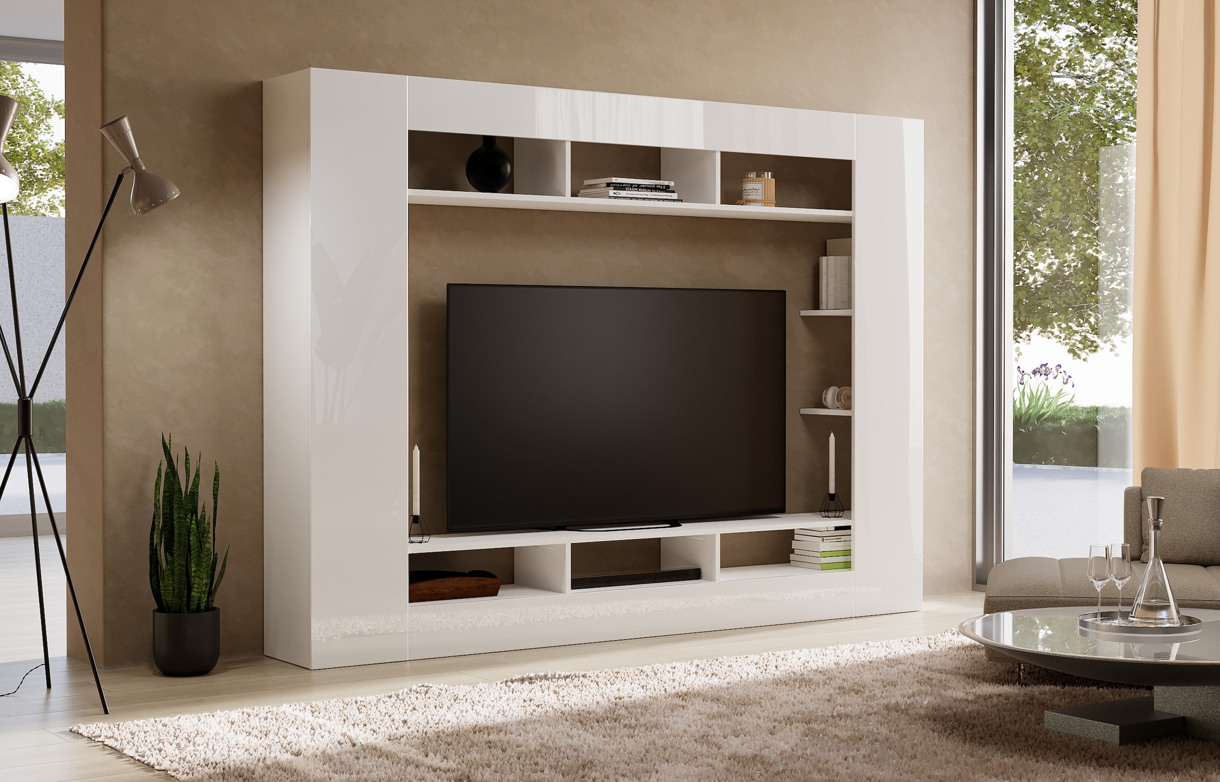 OTTO home Wohnwand »SPEED, TV-Wand, hochglanz lackiert,ideal für TV-Geräte bis zu 65 Zoll«, (1 St.), Made in Italy, B/T/H: 216×30,4×158,6 cm, mit ca. 12 offenen Fächern