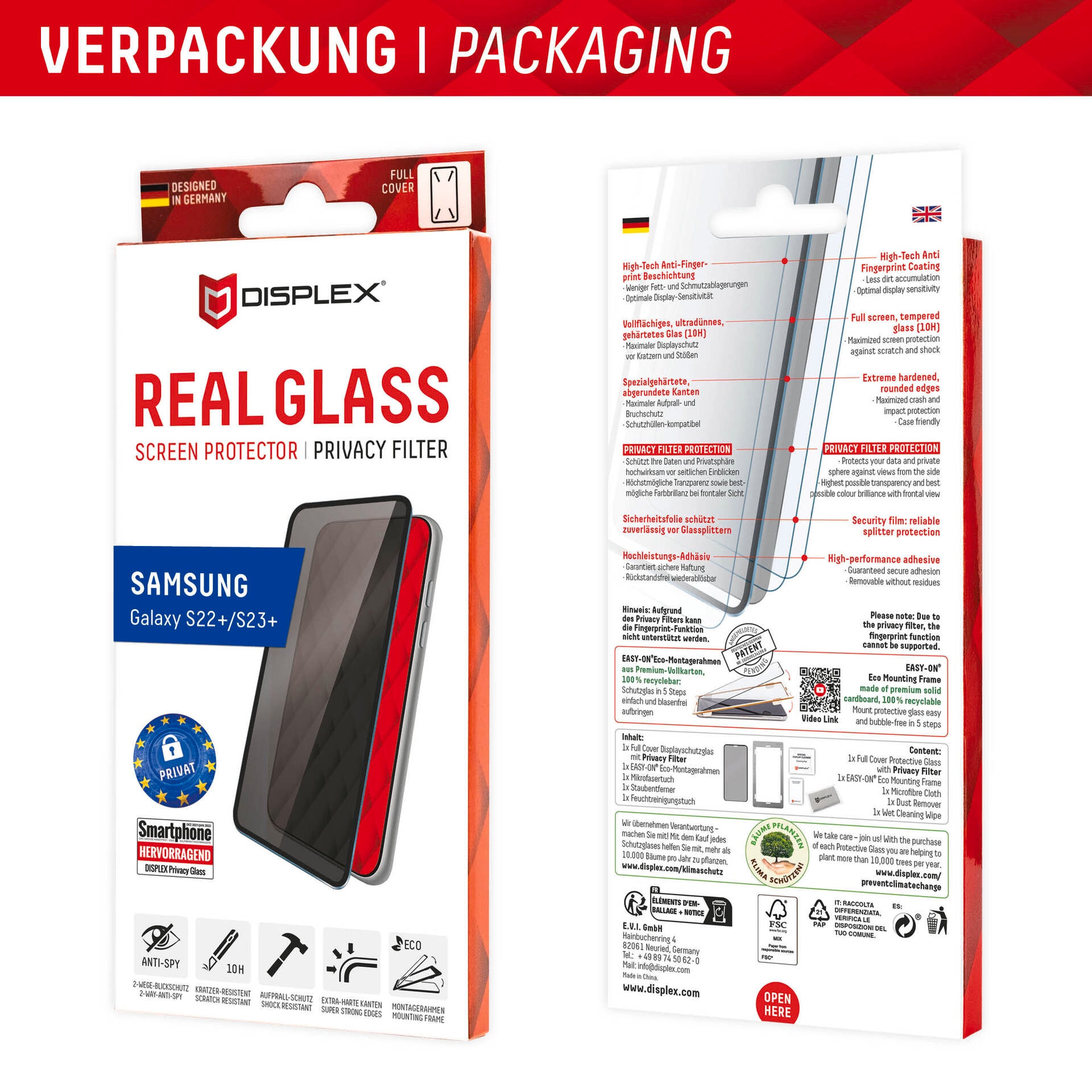 Displex Displayschutzglas »Privacy Glass FC - Samsung Galaxy S22+/S23+«, Blickschutz Displayschutzfolie Displayschutz kratzer-resistent 10H