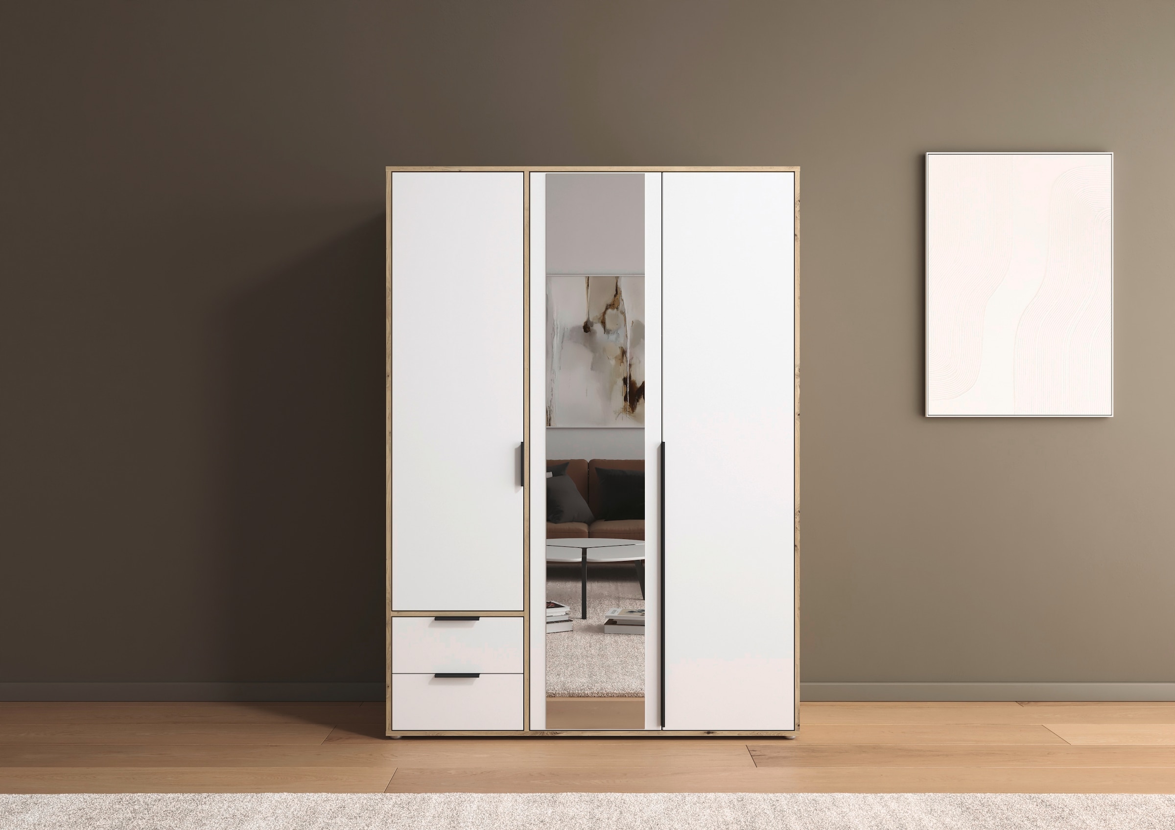 rauch "Kleiderschrank Schrank Garderobe Wäscheschrank NAGATA mit Spiegel" in 3 verschiedenen Ausstattungen BASIC/CLASSIC/PREMIUM, und Schubladen sowie Stangengriffen TOPSELLER MADE IN GERMANY