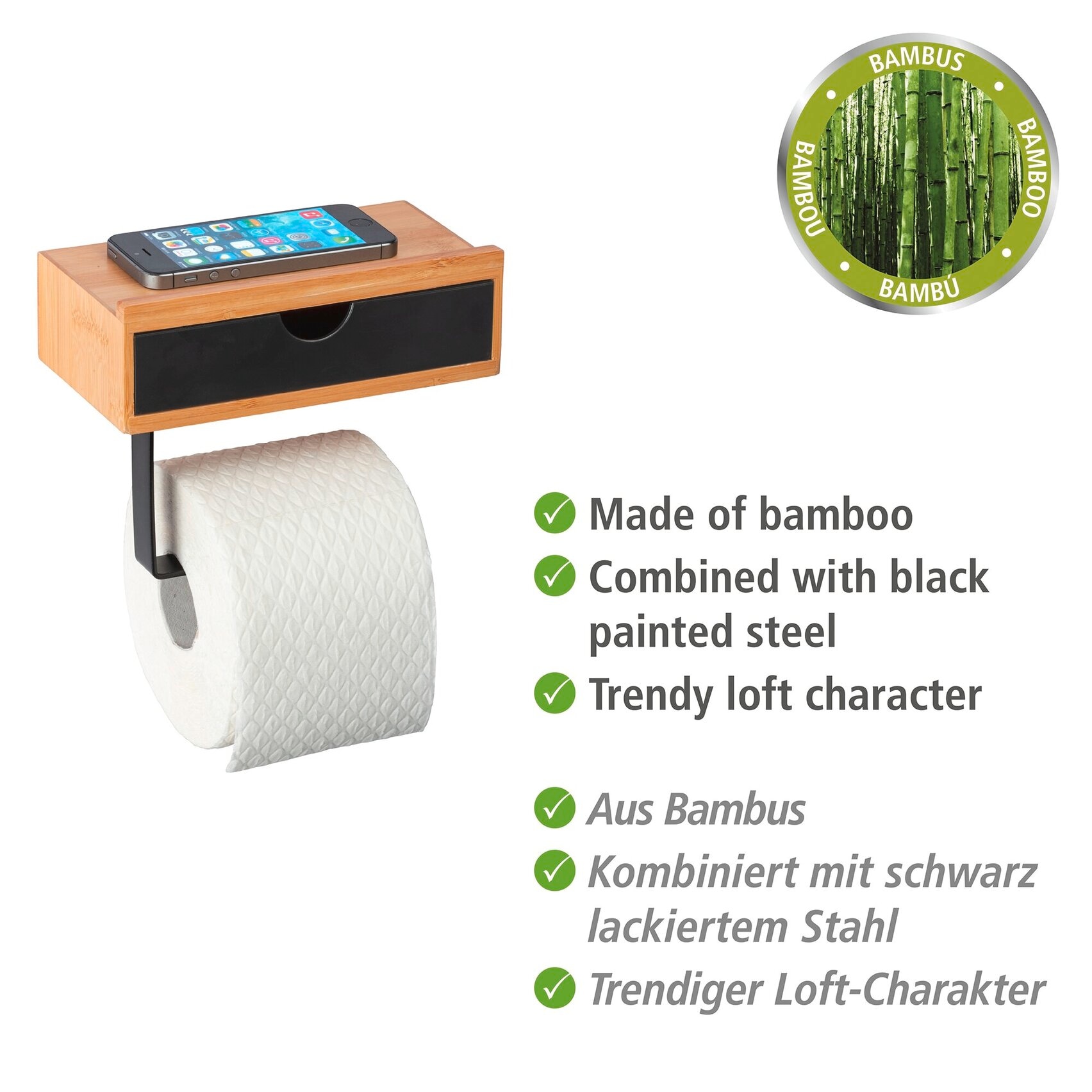 WENKO Toilettenpapierhalter »Bambusa« mit Schublade, aus Bambus