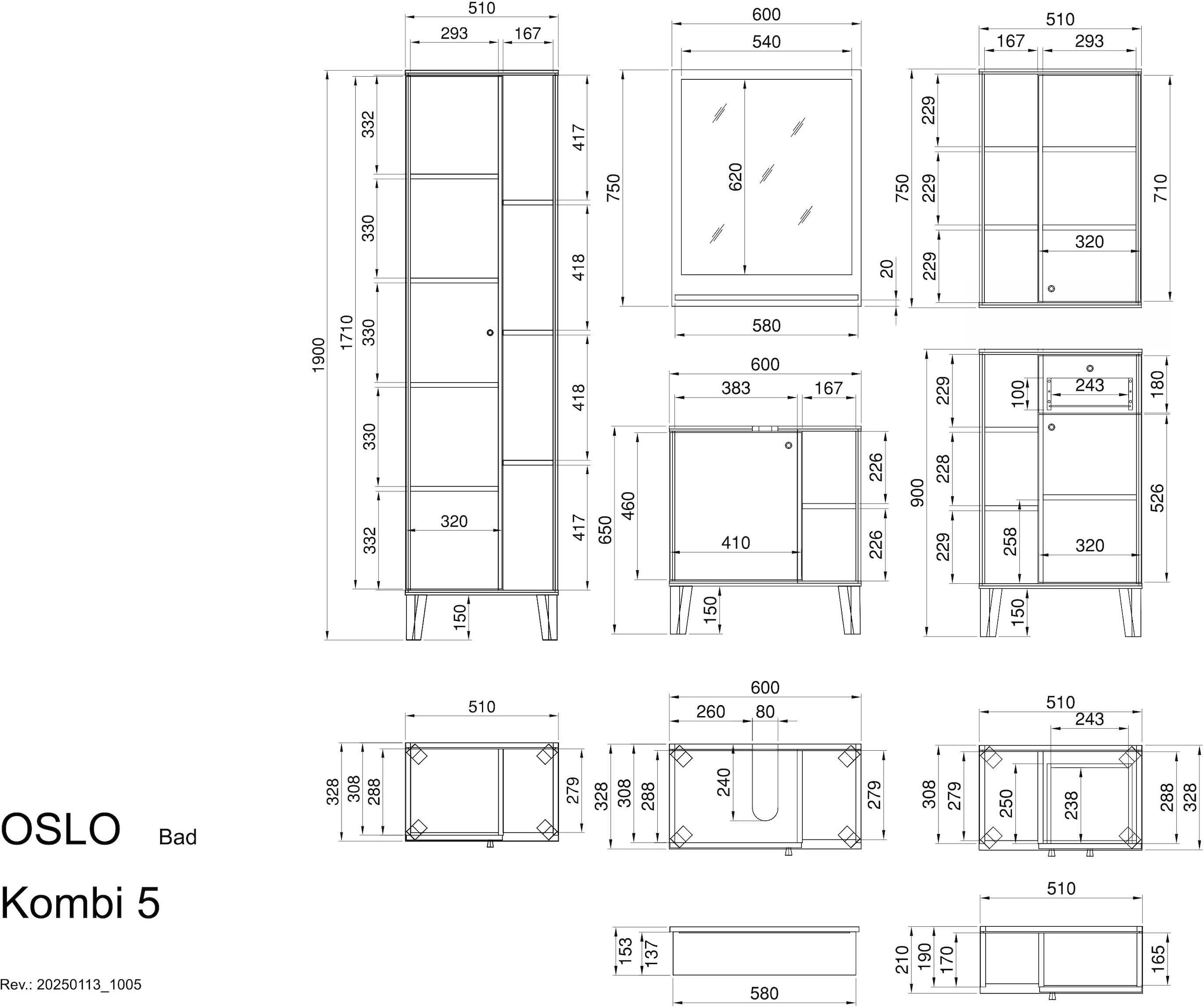 INOSIGN Badmöbel-Set »OSLO, Bad im skandinavischen Design, 5-teiliges Badezimmer«, (Set, 5 St.), Badschränke und Spiegel, in zwei Farben verfügbar, viel Stauraum