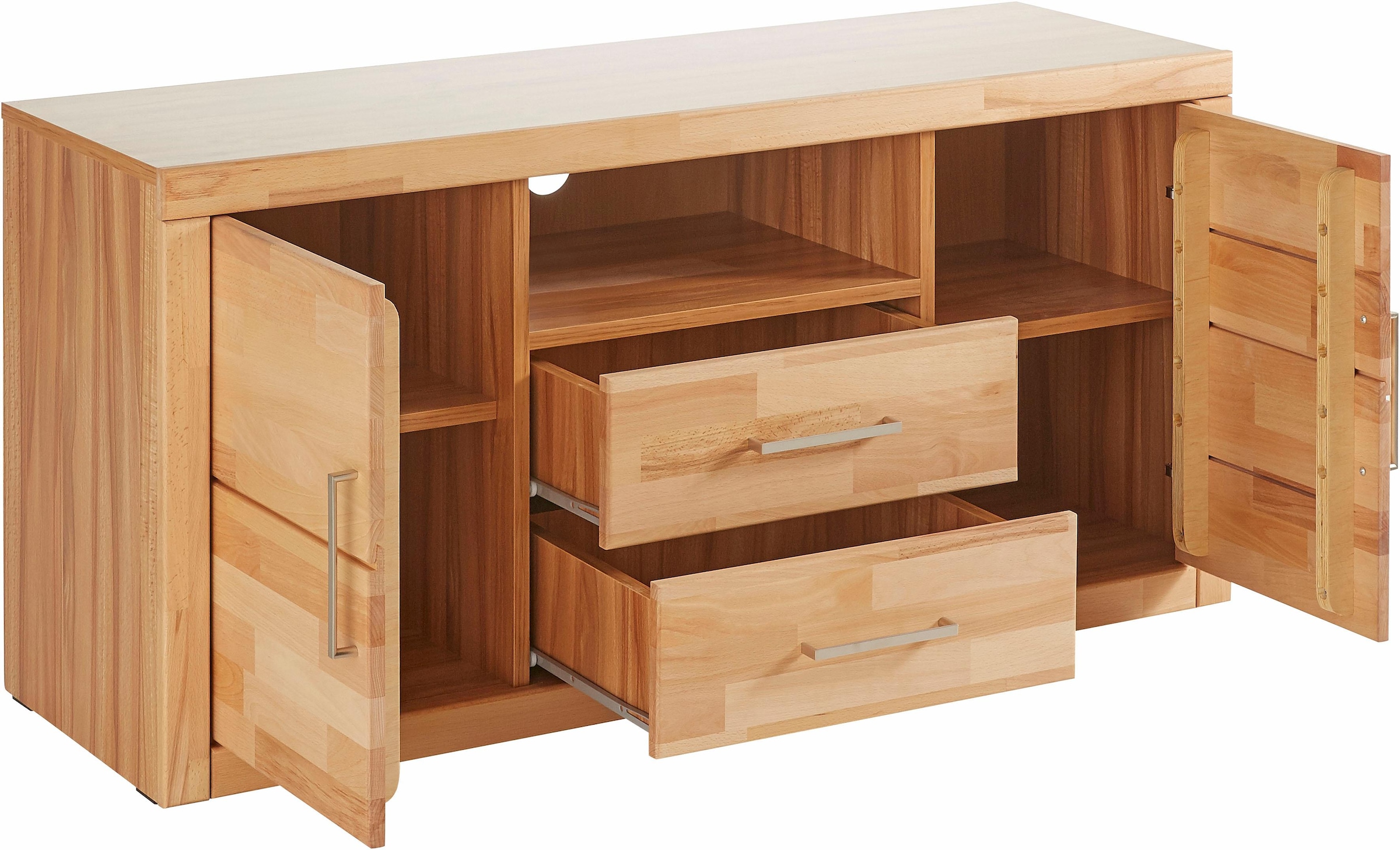 Home affaire Lowboard »Logo,130cm breit, Fronten Massivholz,5 Fächer«, Holz massiv, Holzwerkstoff, Metall Griffe,2 Türen,2 Schubladen