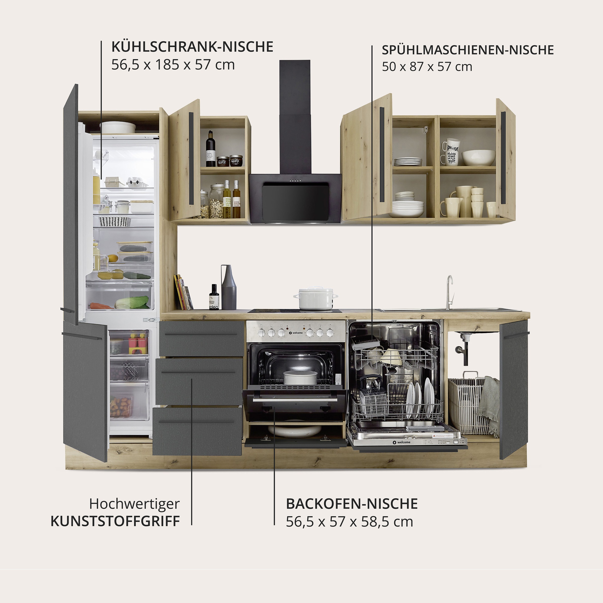 Thumbnail - KOCHSTATION Küchenzeile "KS-Florida mit 38mm starker Arbeitsplatte" Breite 280 cm, wahlweise mit E-Geräten, Soft-Close-F...