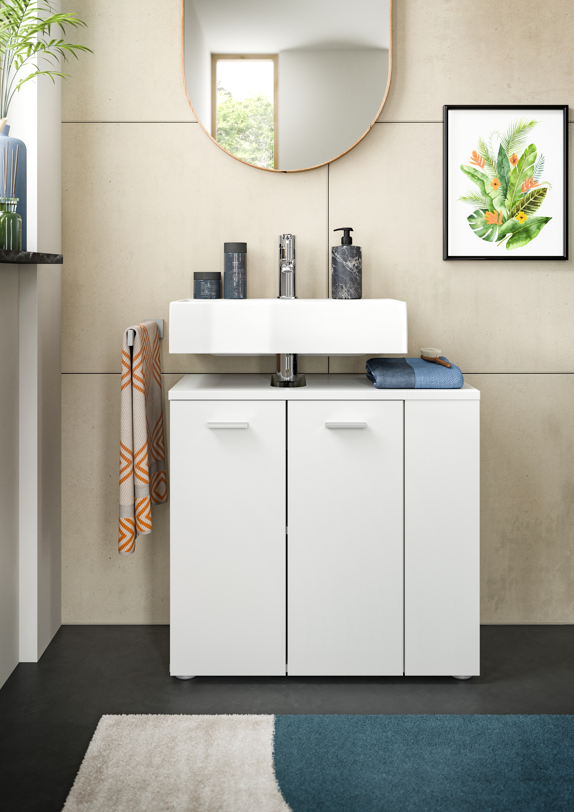 welltime Waschbeckenunterschrank »Breite 65cm, mit seitlichem Regal, 2 Türen, 4 Fächer«, Waschbecken, Unterschrank, Schrank, Badschrank, Badezimmerschrank
