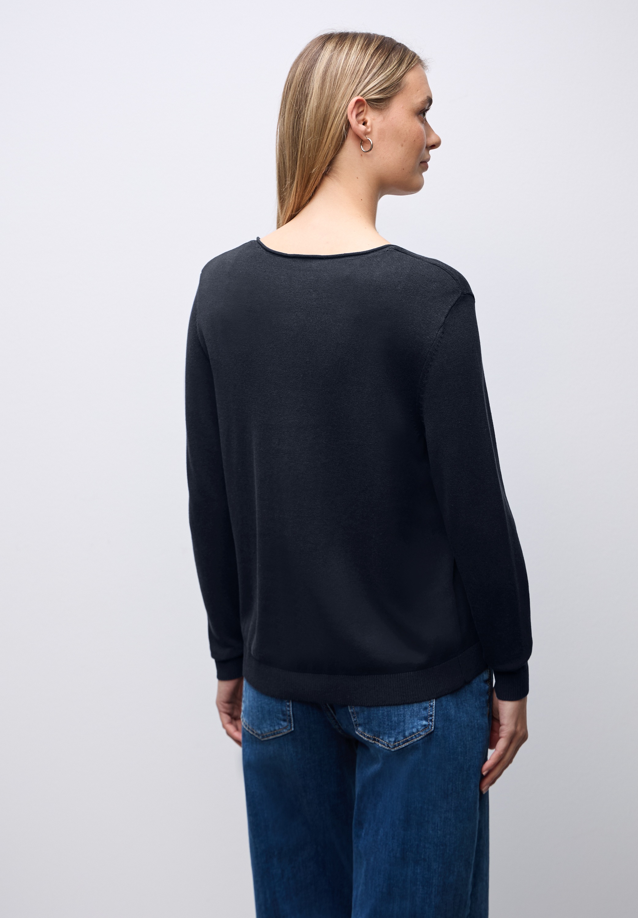 V-Ausschnitt-Pullover STREET ONE, Damen, Gr. 36, tiefblau, Stoff, 60% Viskose, 40% Baumwolle, unifarben, normal normal, V-Ausschnitt, abgesteppt, Pullover, Feinstrick 2
