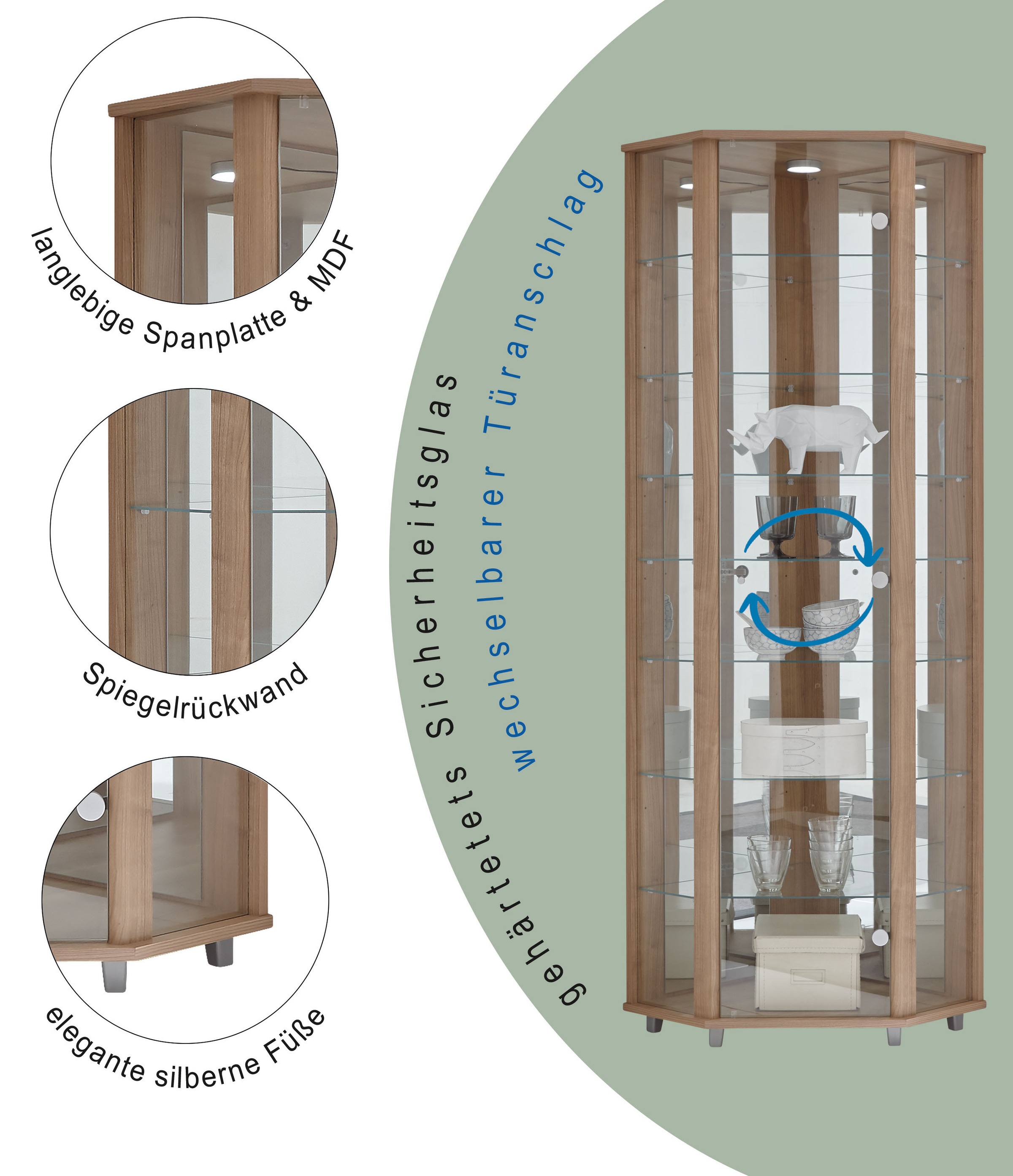 fif möbel Eckvitrine »TRIO Höhe ca. 172 cm, ink. Beleuchtung«, Eckvitrine/Glasvitrine 1x Glastür, perfekt für Sammler, Sammlervitrine