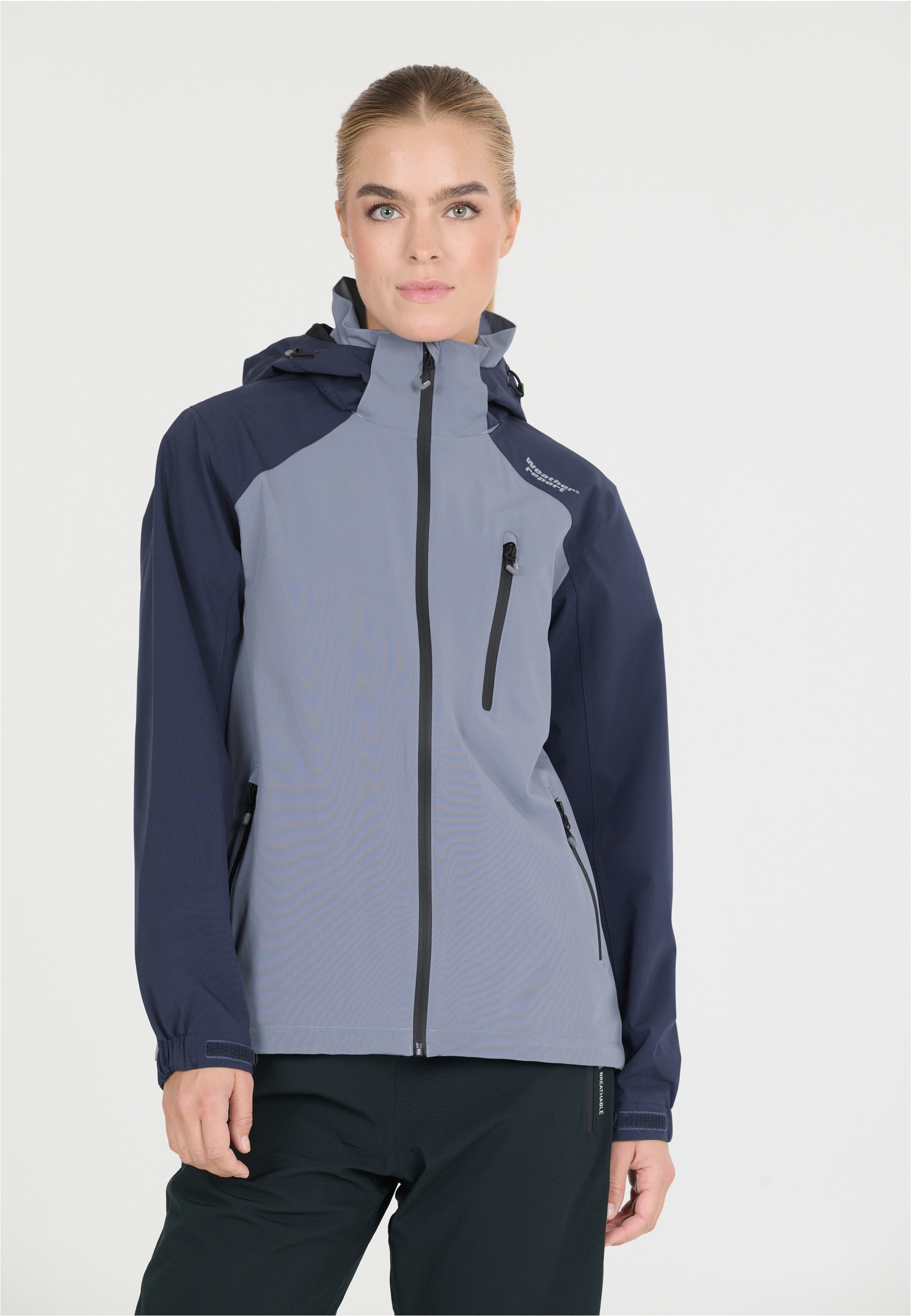 Outdoorjacke WEATHER REPORT "CAMELIA W-PRO15000", Damen, Gr. 38, dunkelblau, 94% Polyester, 6% Elasthan, bedruckt, mehrfarbig, normal, ohne Ausschnitt, Jacken Outdoorjacke, mit wasserdichter Beschichtung