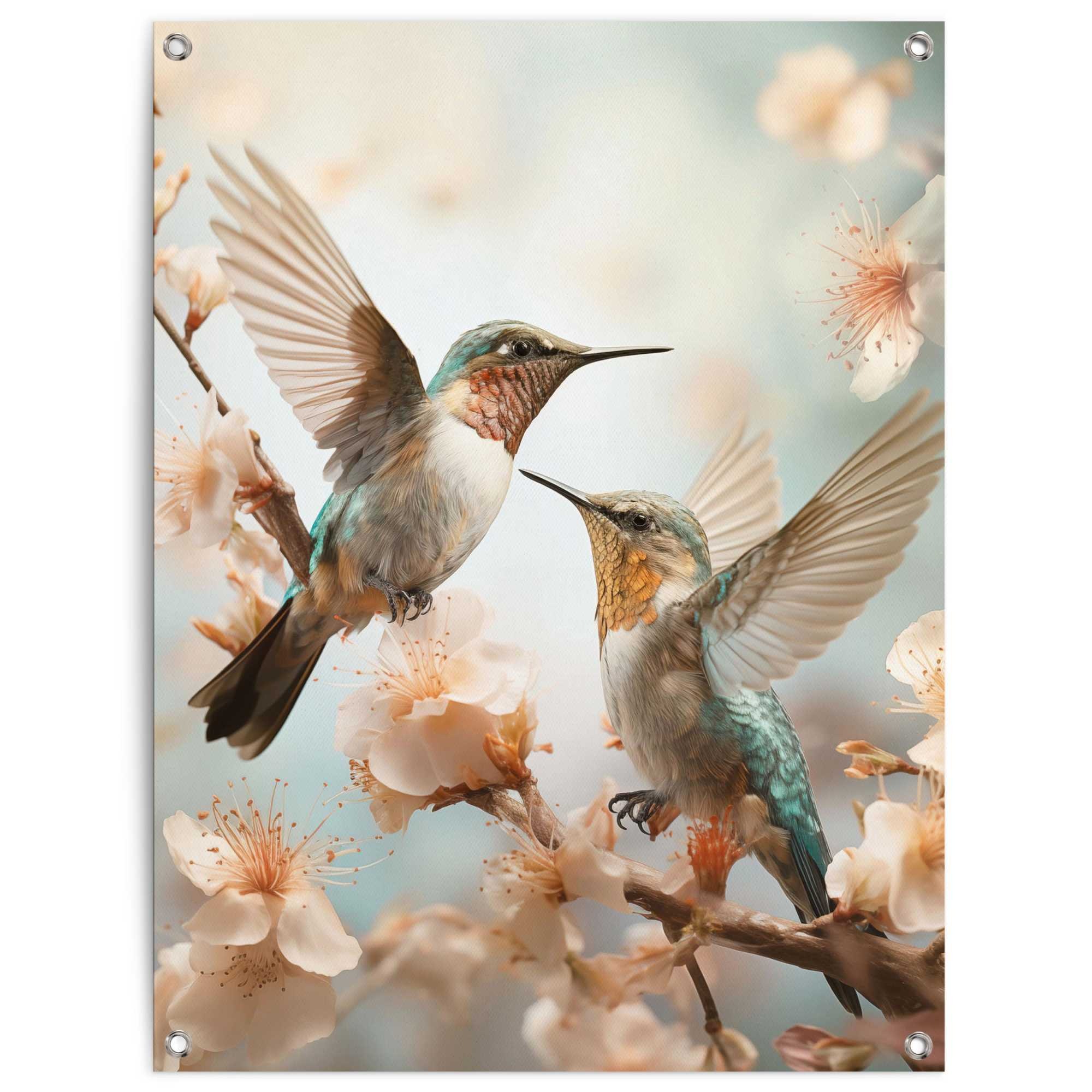 Reinders Poster "Spring Birds" Garten - Kolibri - Frühling - Blüte - Blau - Leinwand - Tiere