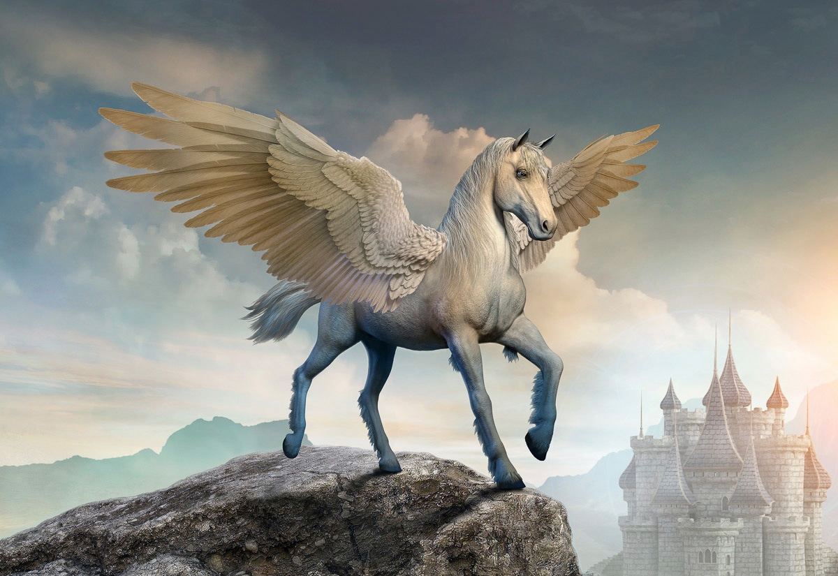 Papermoon Fototapete "PEGASUS-PFERDE TIERE PFERD SCHLOSS PALAST FANTASY DEKO"
