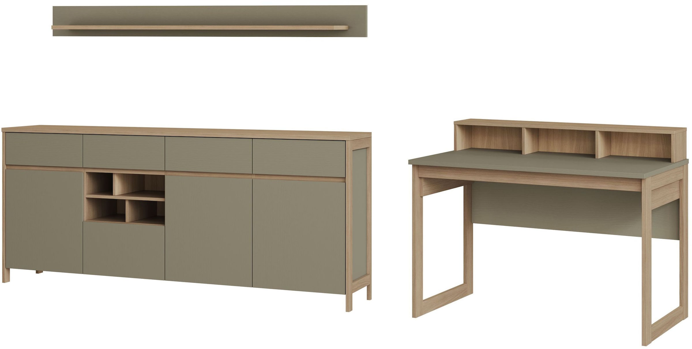 Home affaire Büromöbel-Set »Stranda im Scandi-Style, Home Office, Büro in zwei Farben verfügbar«, (3 tlg.), enthält Schreibtisch, Sideboard und Wandboard