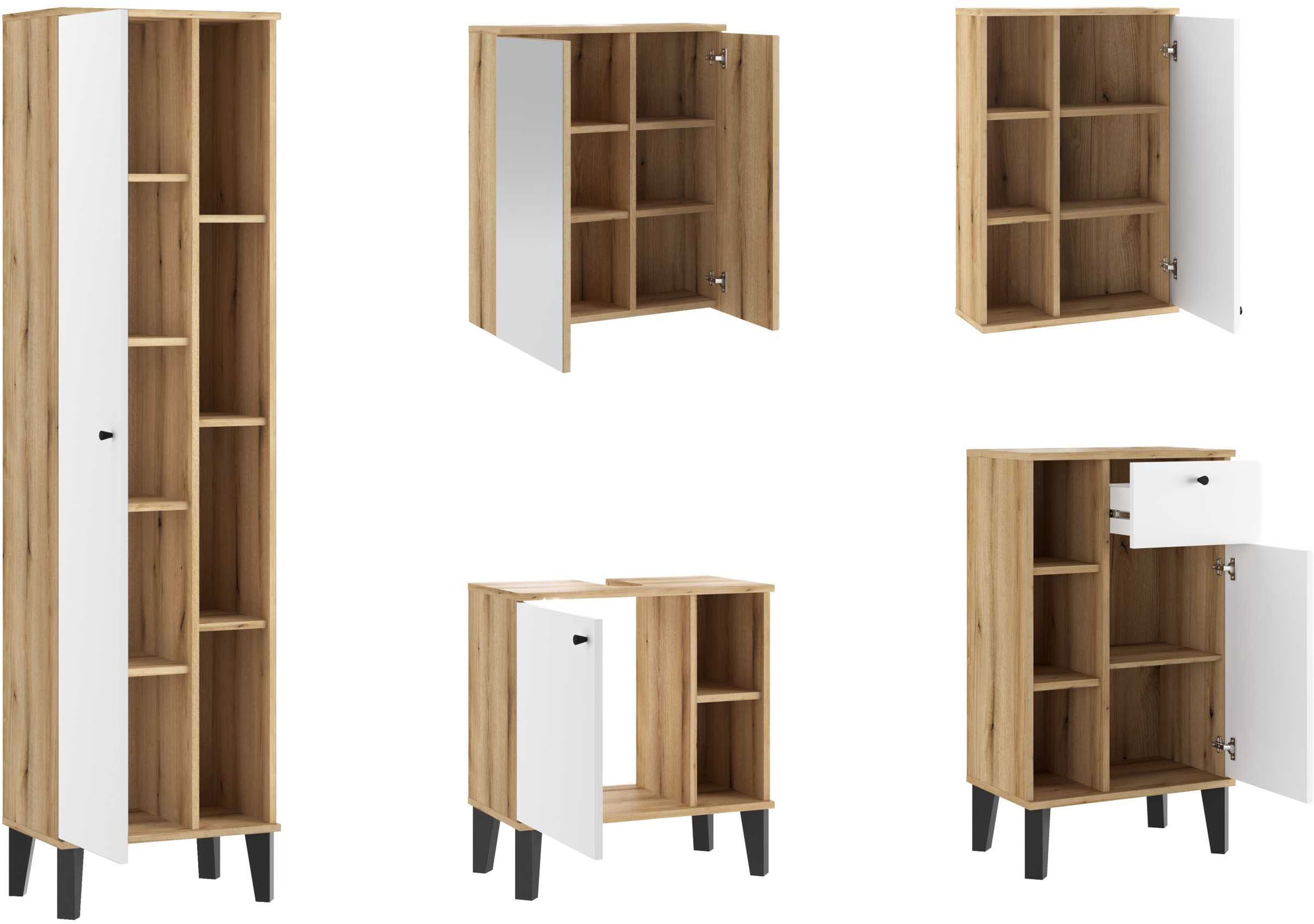 INOSIGN Badmöbel-Set »OSLO, Bad im skandinavischen Design, 5-teiliges Badezimmer«, (Set, 5 St.), Badschränke und Spiegel, in zwei Farben verfügbar, viel Stauraum