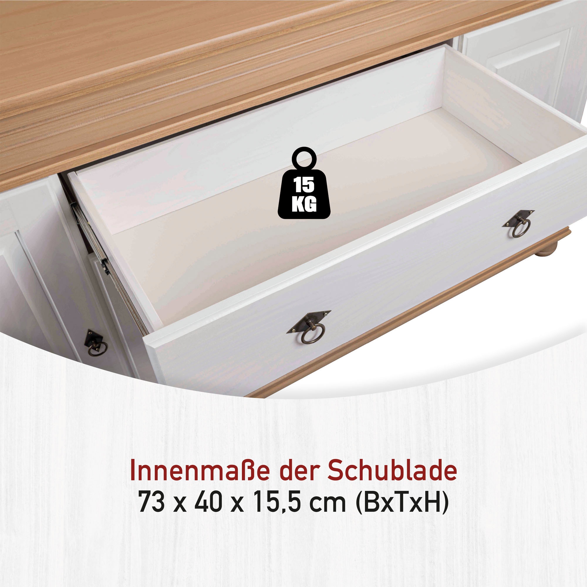 Inter Link Sideboard »Halmaro, Kiefer Massivholz, Soft-close, 181 x 46 x 100 cm, Stauraum« 1 Stk. tlg. Kommode in Weiss, Braun/Oak, Landhausstil, 4 Türen, 1 Schublade