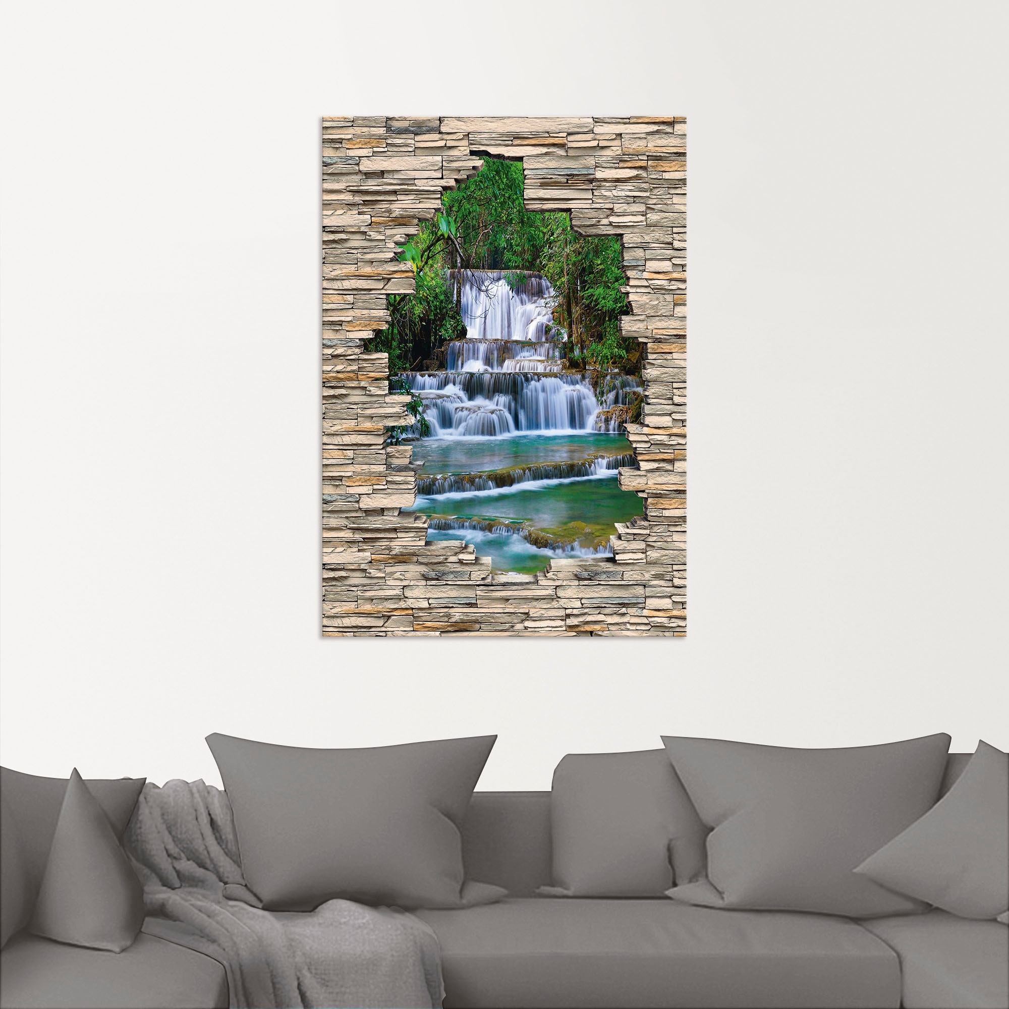 Artland Wandbild »Tiefen Wald Wasserfall Stein Mauer Blick«, Wasserfallbilder, (1 St.), als Alubild, Outdoorbild, Wandaufkleber in verschied. Größen