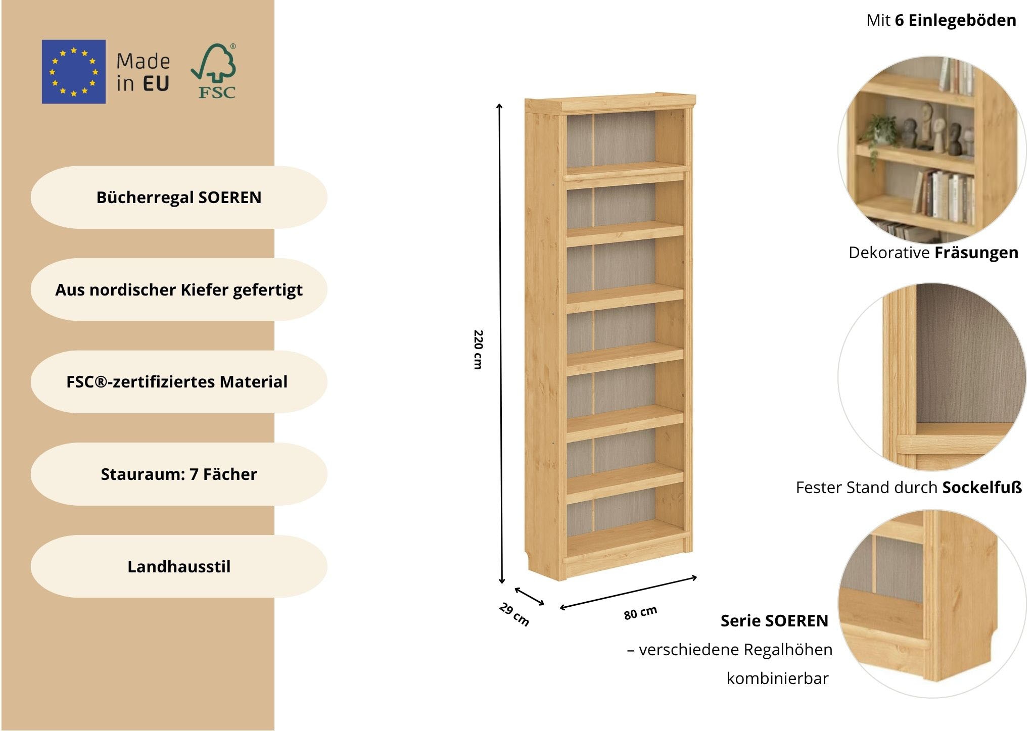 OTTO home Bücherregal »Soeren Regal B/T/H: 80/29/220 cm« 7 offene Fächer, massive Kiefer, FSC®-zertifiziert