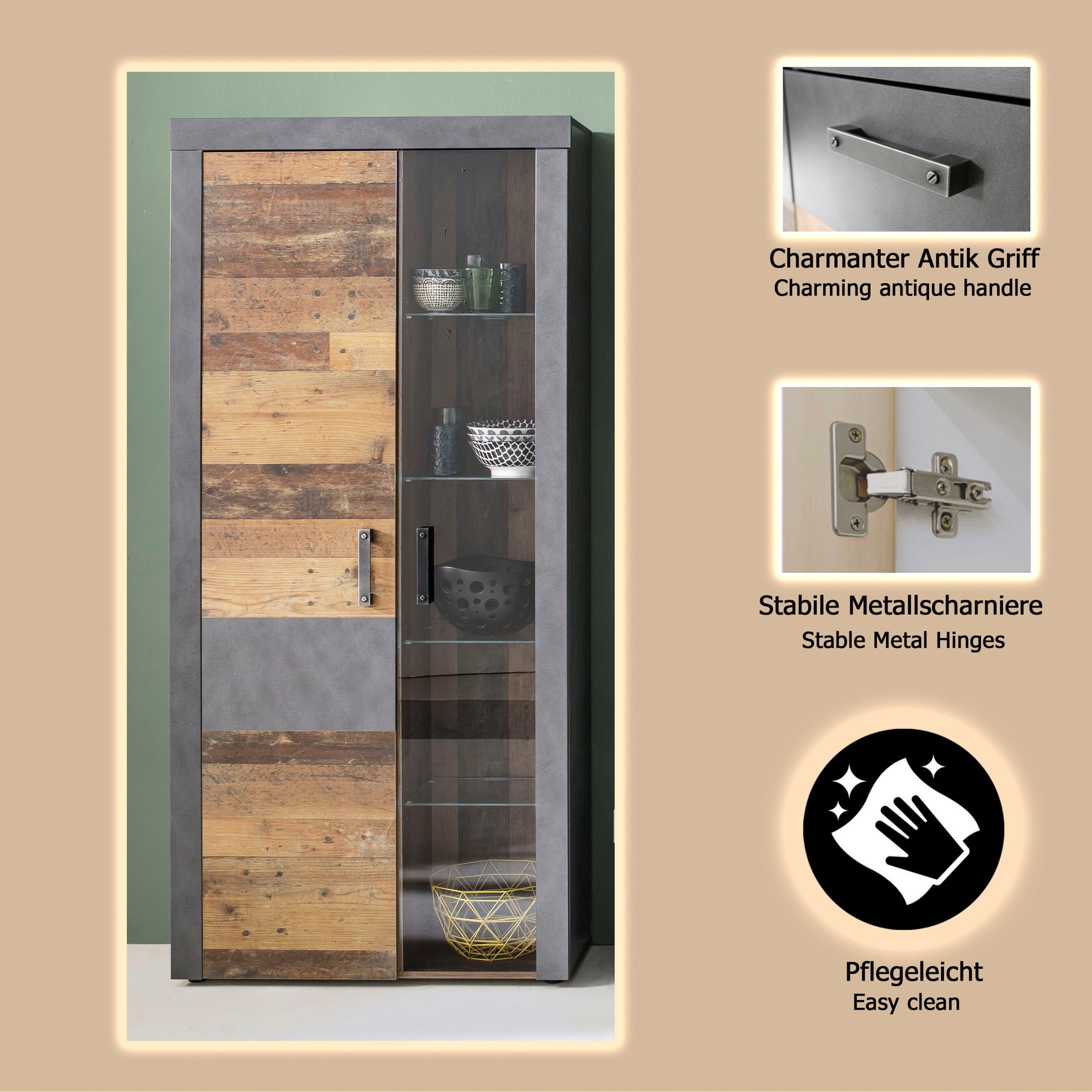 INOSIGN Vitrine »Ilana«, moderner Industrial Style - Beleuchtung optional - B/T/H 87/34/189 cm