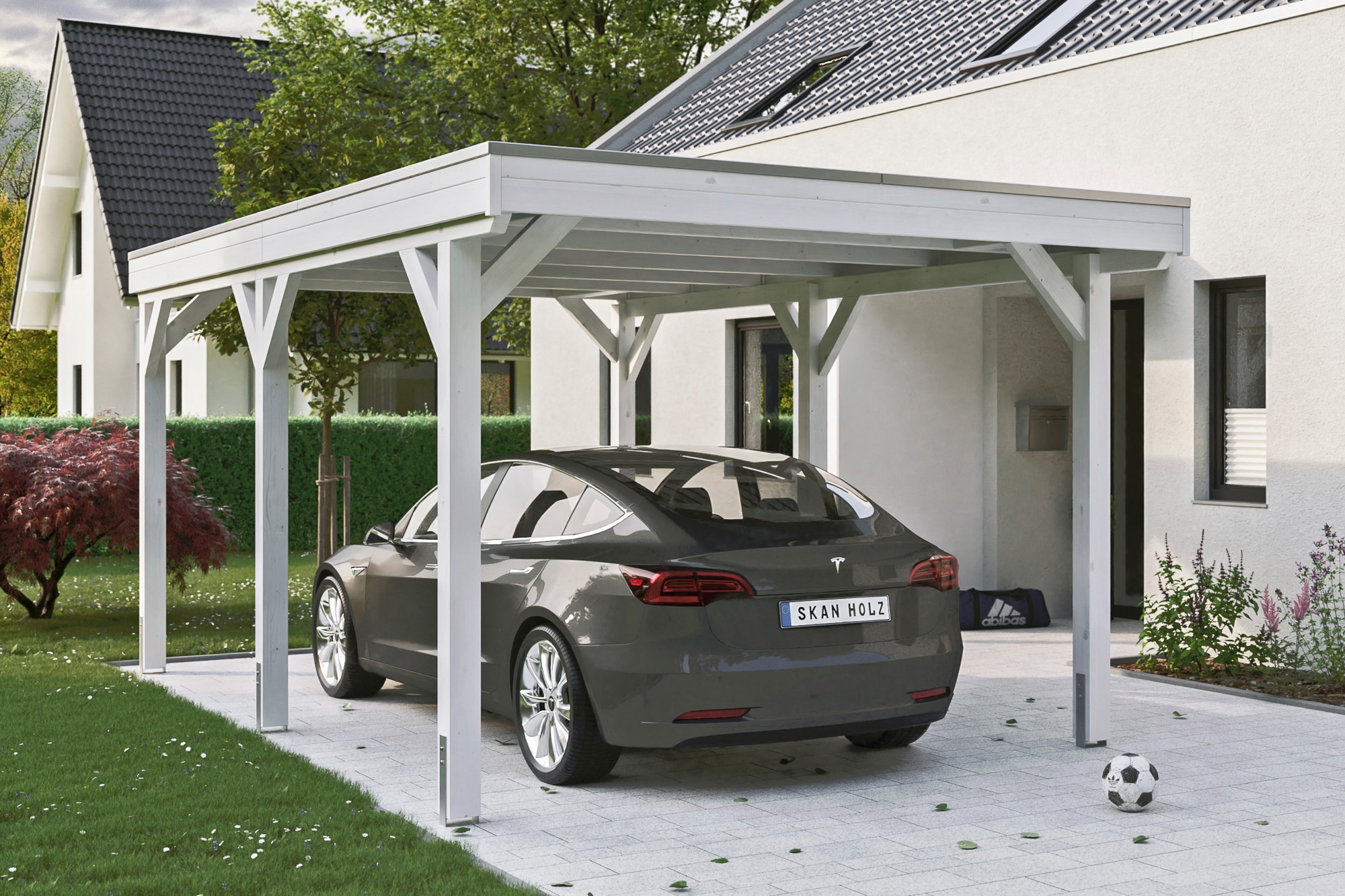 Skanholz Einzelcarport "Grunewald" Leimholz weiß mit Aluminiumdach