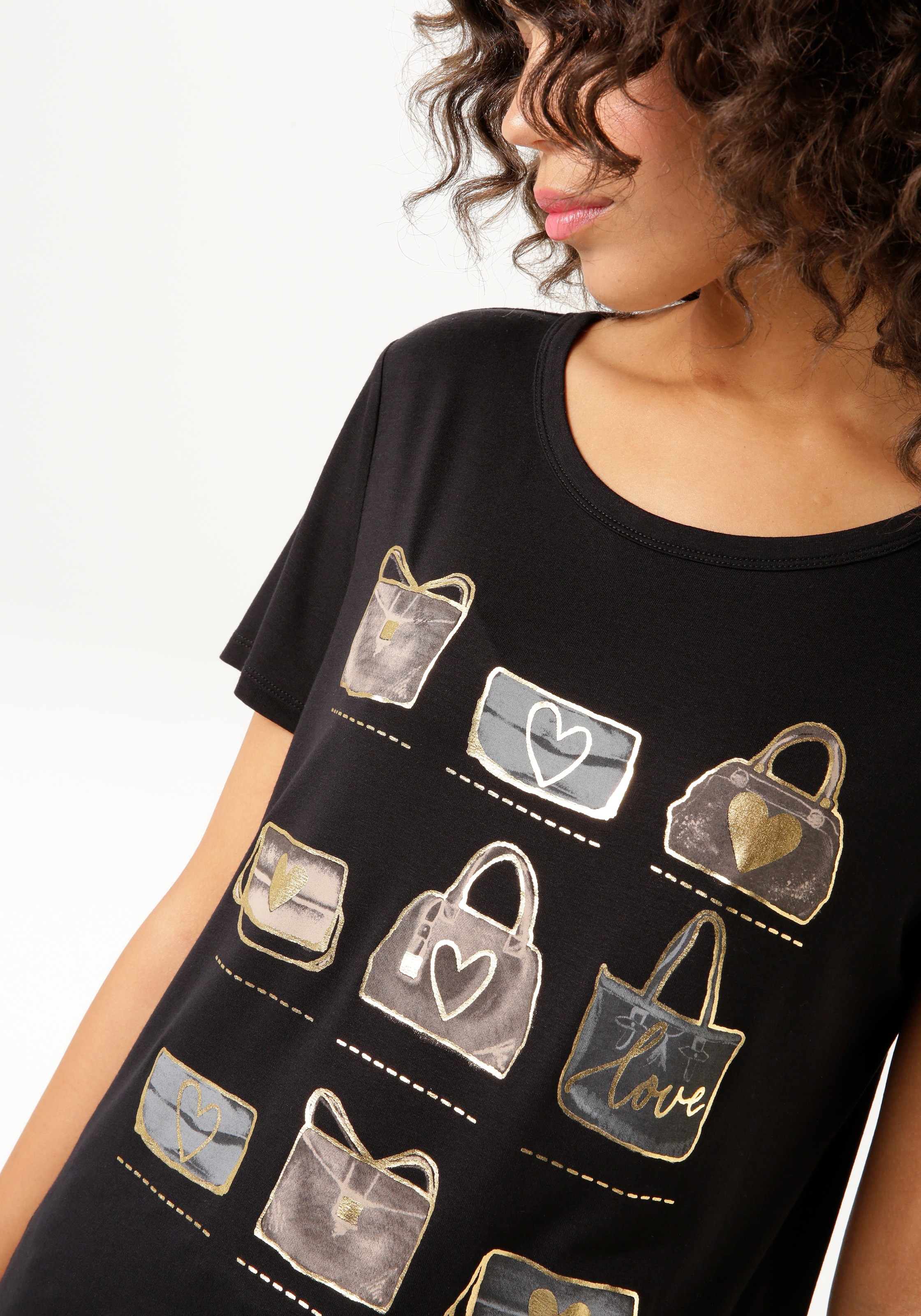 Aniston CASUAL T-Shirt, Frontdruck, bestellen - teilweise online BAUR | KOLLEKTION glitzerndem NEUE Folienprint mit