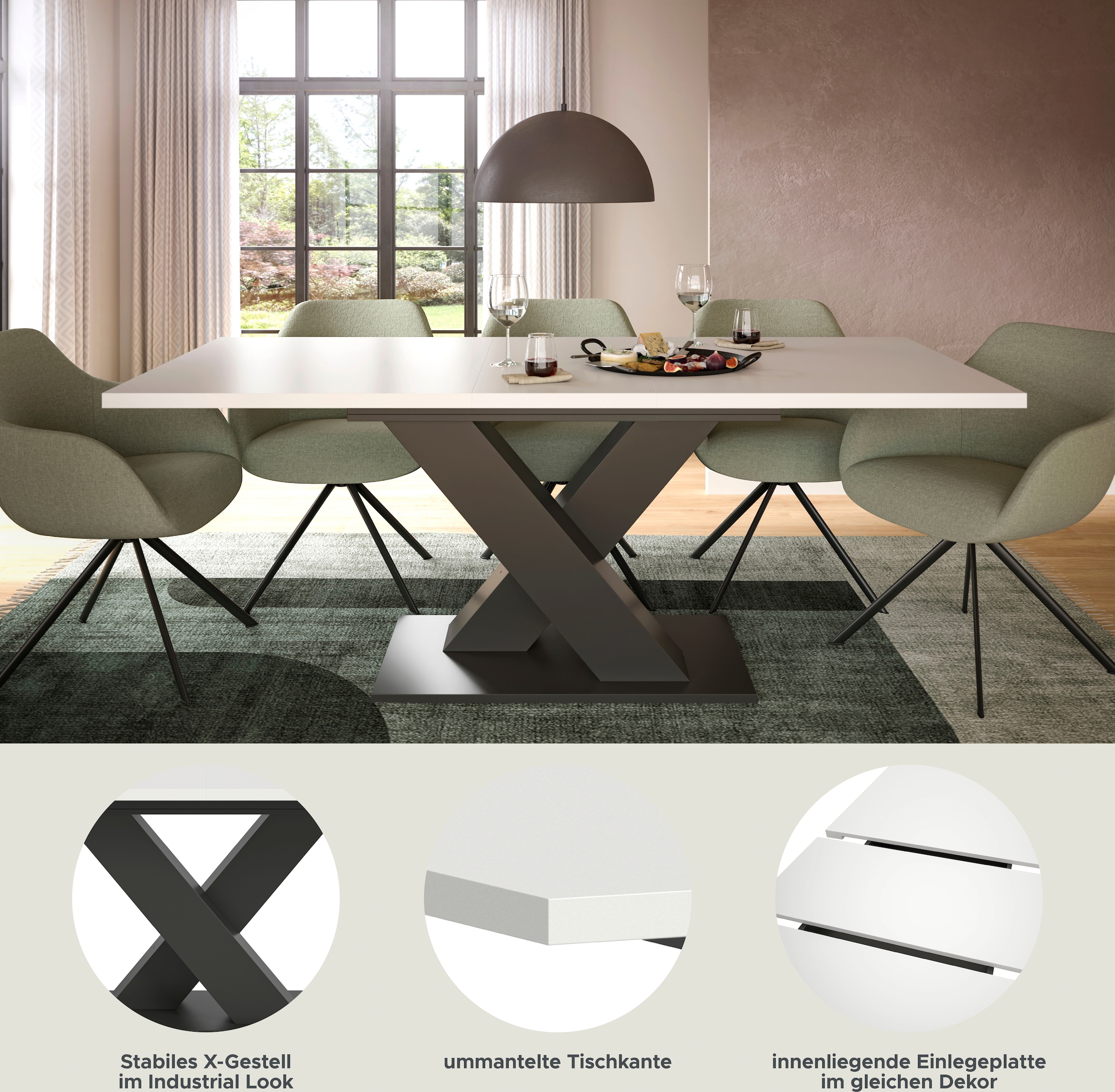 INOSIGN Esstisch »Motus, ausziehbar 150 -190 cm, inklusive 40 cm Einlegeplatte«, X-Gestell mit Bodenplatte, Tisch, Küchentisch, Esszimmer, Küche