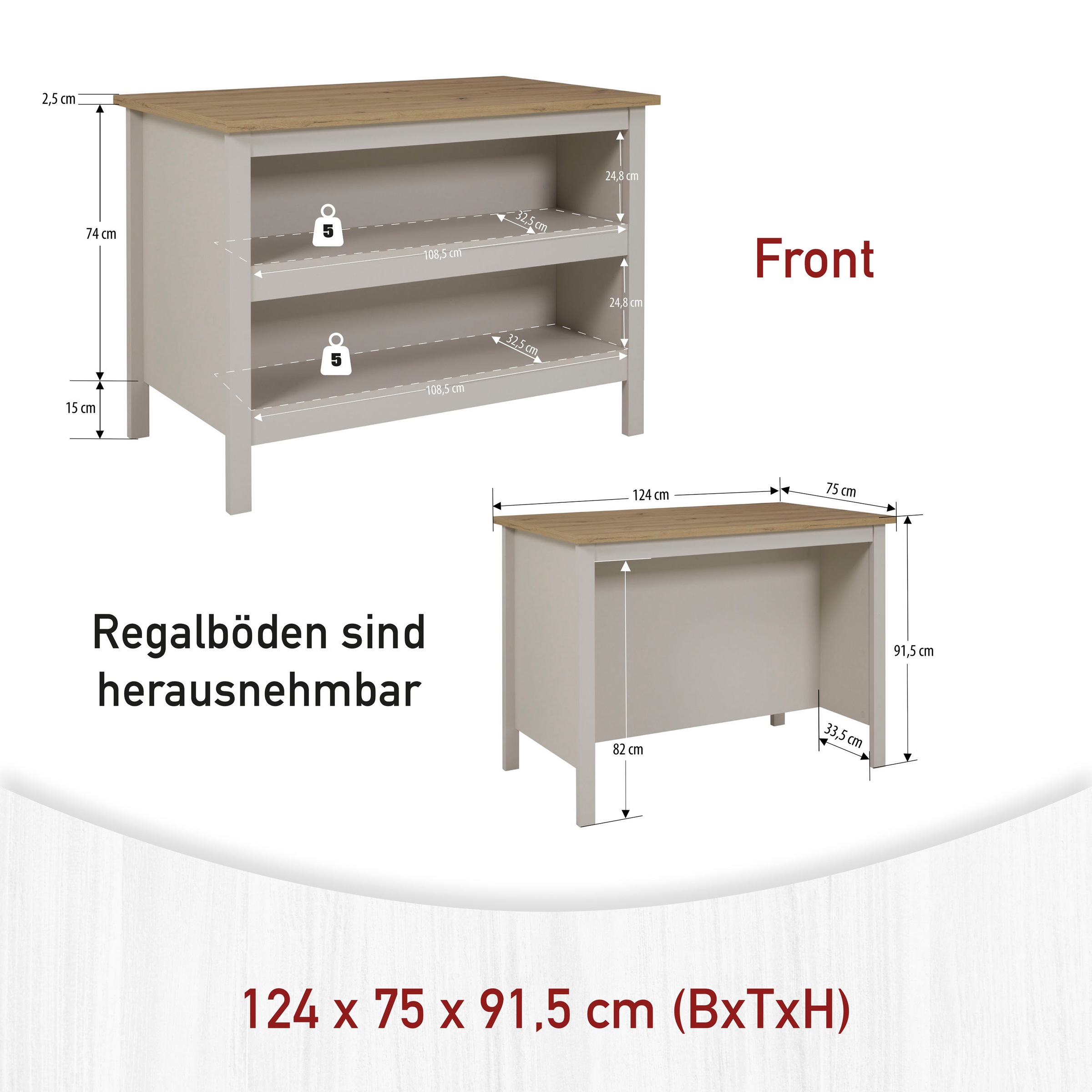Inter Link Bartisch »Pienza, multifunktional für Küche & Essbereich, im Skandi Look« 1 Stk. tlg. Kücheninsel mit Regalböden, Platz für 2 Hocker, Kaschmir, 124x75x91 cm