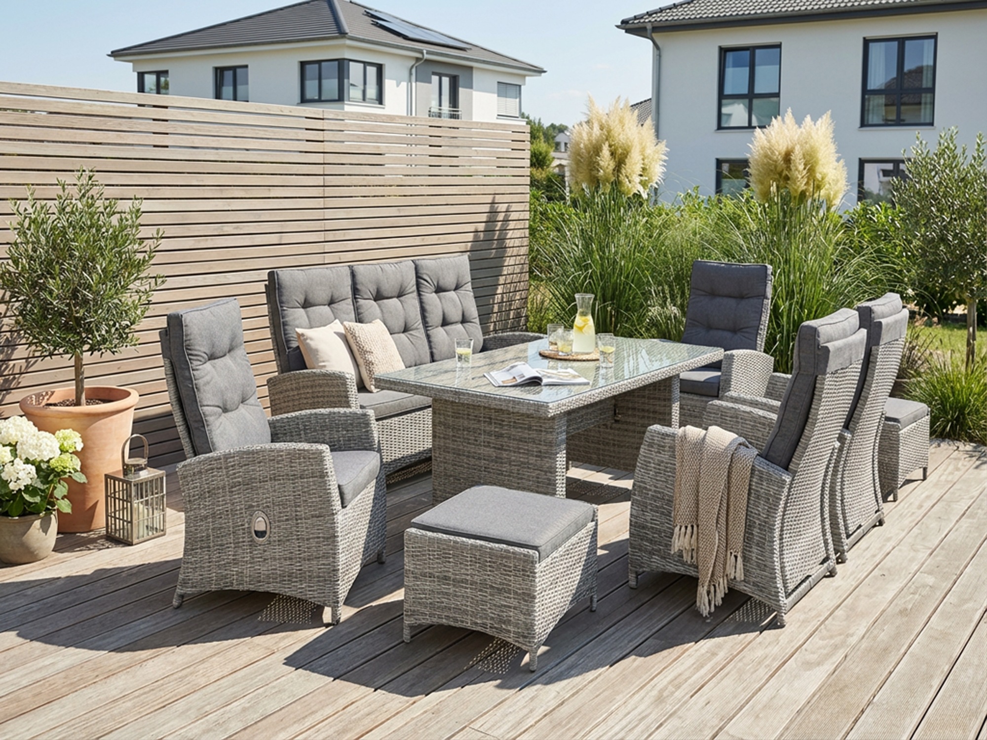 KONIFERA Garten-Essgruppe »Monaco« Set, 4x Sessel, 1x 3er Sofa, 2x Hocker, 1x Tisch 200x100x75cm, 24 Stk. tlg. Polyrattan, Aluminium, mit verstellbaren Rückenlehnen, inkl. Auflagen