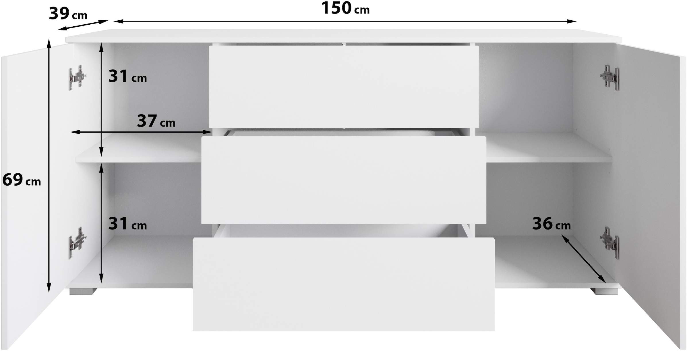 INOSIGN Sideboard »Kenia«, (1 St.), Modernes Sideboard mit 3 Schubladen und 4 Fächern, Breite 150 cm