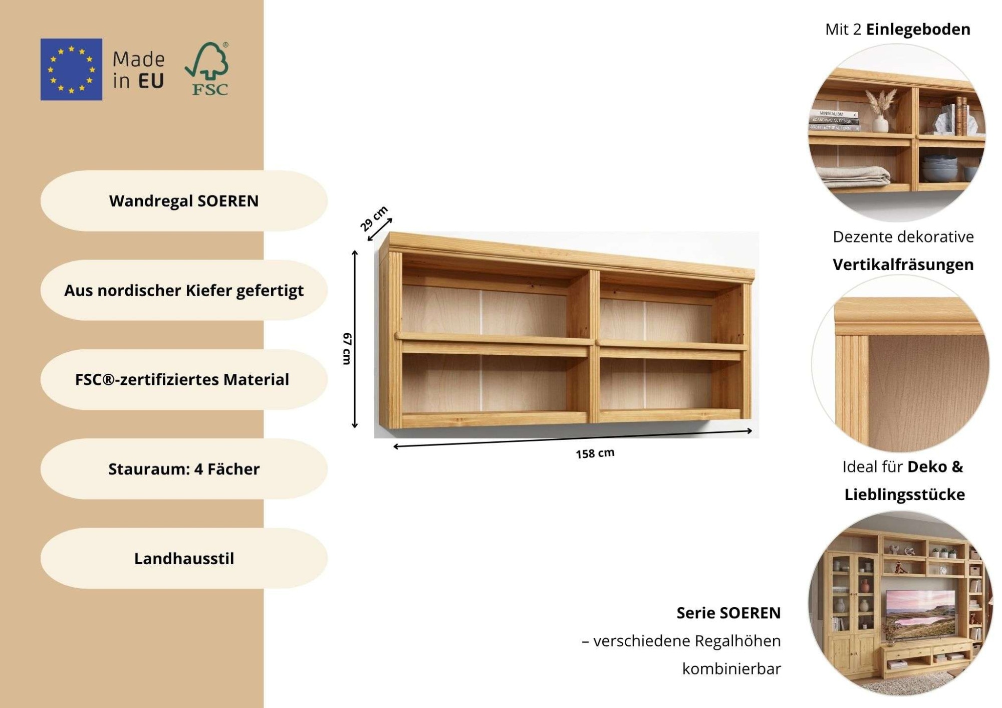 OTTO home Wandregal »Soeren« B/T/H: 158/29/67 cm,  aus massiver Kiefer, 4 offene Fächer, FSC®-zertifiziert