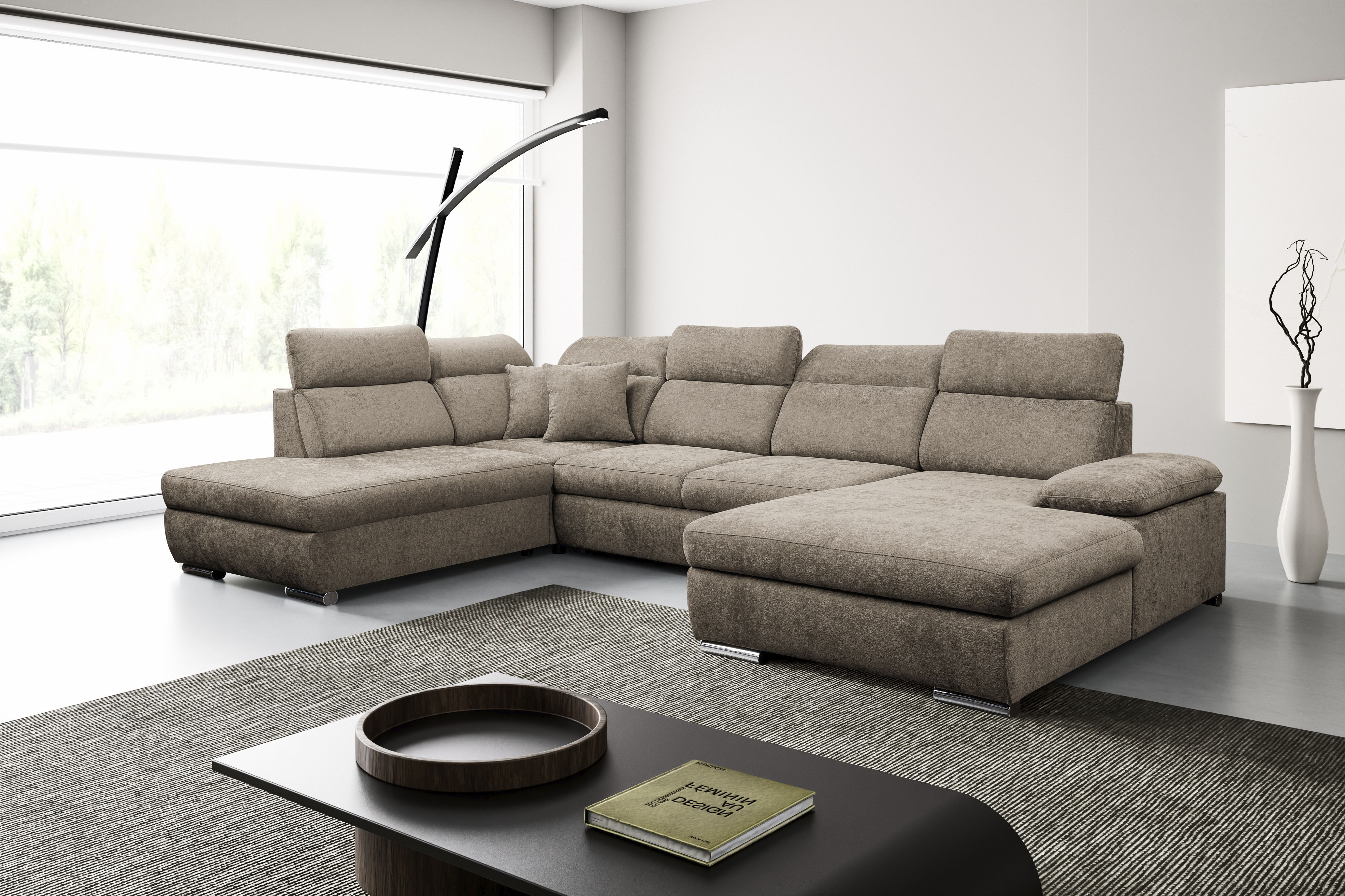 WERK2 Wohnlandschaft "Cordoba 359 x 232 cm inkl. Bett modern und bequem" Struktur, U-Form, XXL, Schlaffunktion, Bettkasten