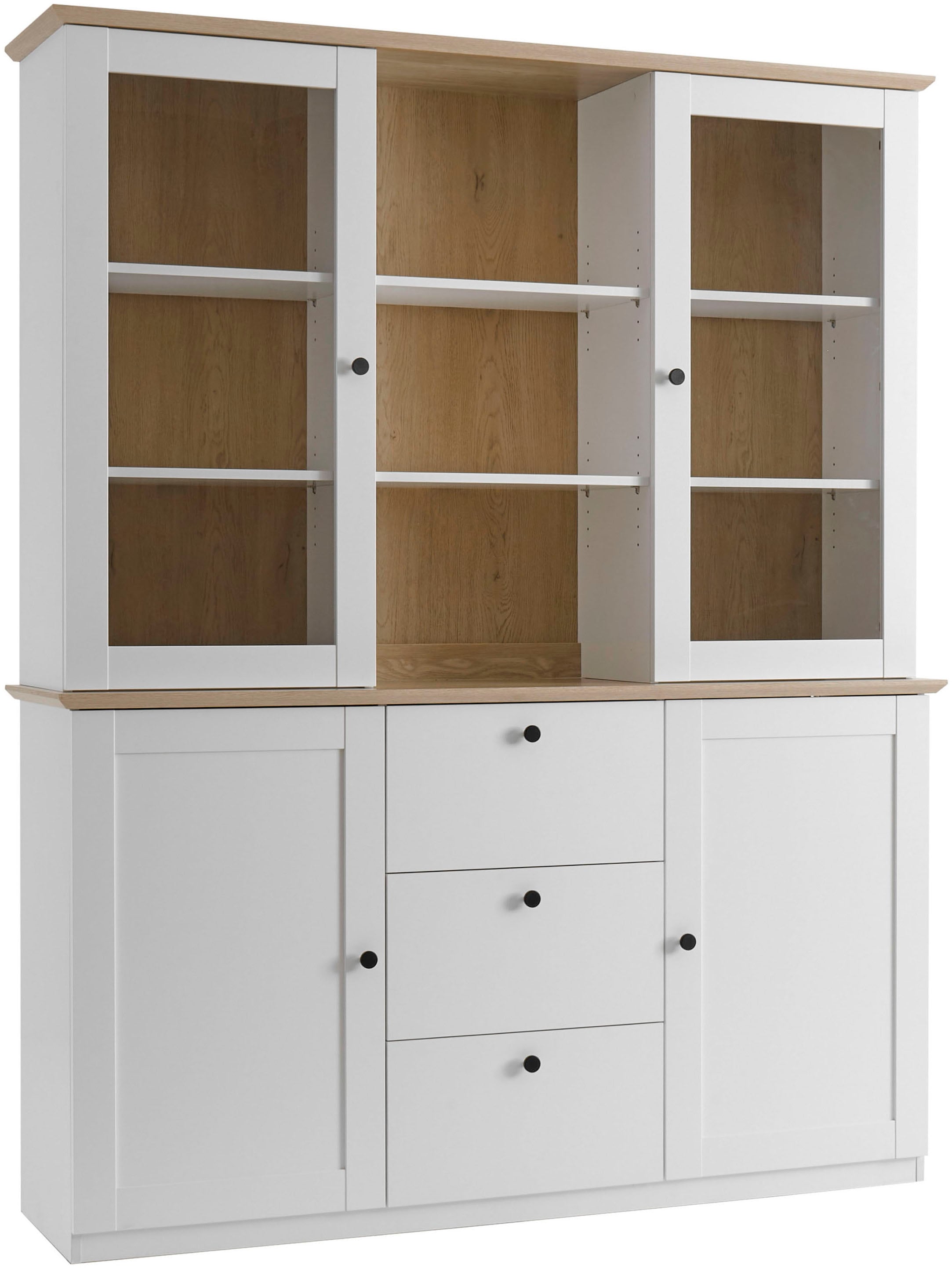 OTTO home Buffet »Brest, Hochschrank im Landhausstil, Schrank, Küchenschrank« schwarze Metallgriffe, viel Stauraum, Glastüren, 164 cm breit