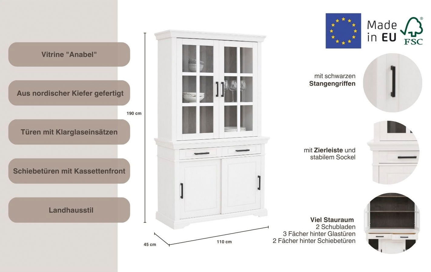 Home affaire Vitrine »Anabel«, aus massiver Kiefer, Breite 110 cm