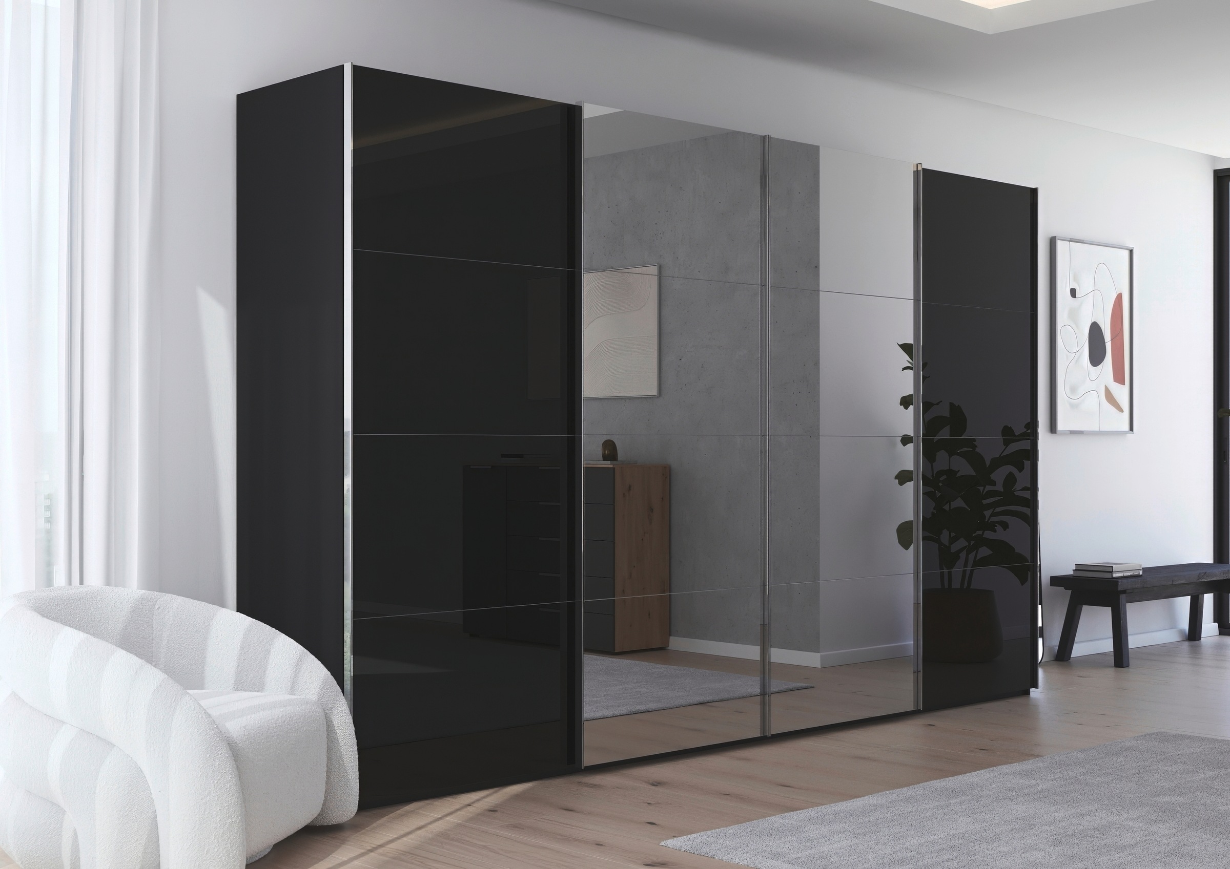 rauch Schwebetürenschrank »Kleiderschrank Schrank Garderobe Schlafzimmerschrank SCALE-FYRA«, edle viergeteilte Türen Spiegel/Glas-Mix viele Farben MADE IN GERMANY