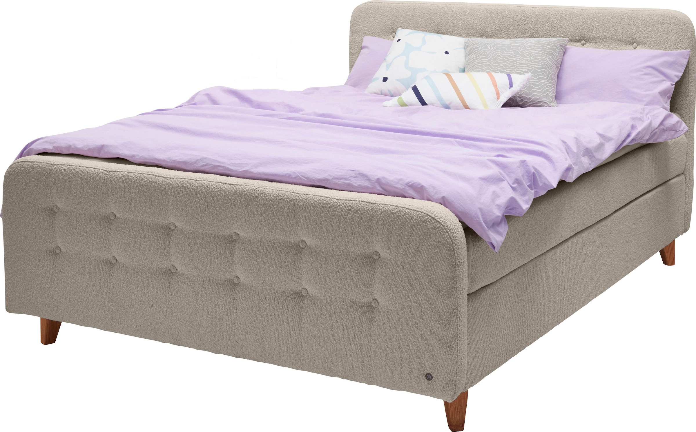 Boxspringbett »NORDIC BOX«, mit Knopfheftung, in weichem Bouclé-Stoff, Füße in Buche...