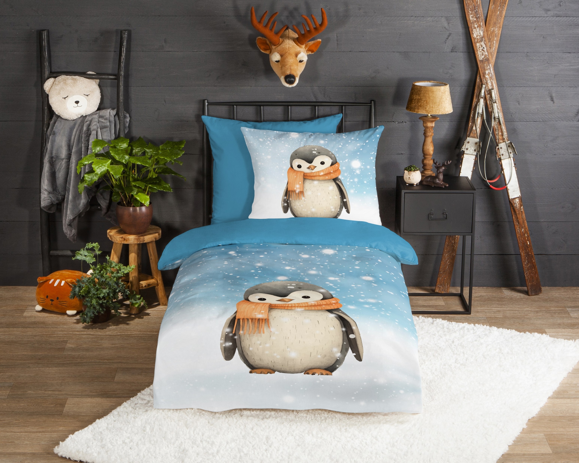 good morning Kinderbettwäsche »Pingi«, Flanell, Biber, 135x200, Winter, Warm, Wende, Kind, Pinguin, Schnee