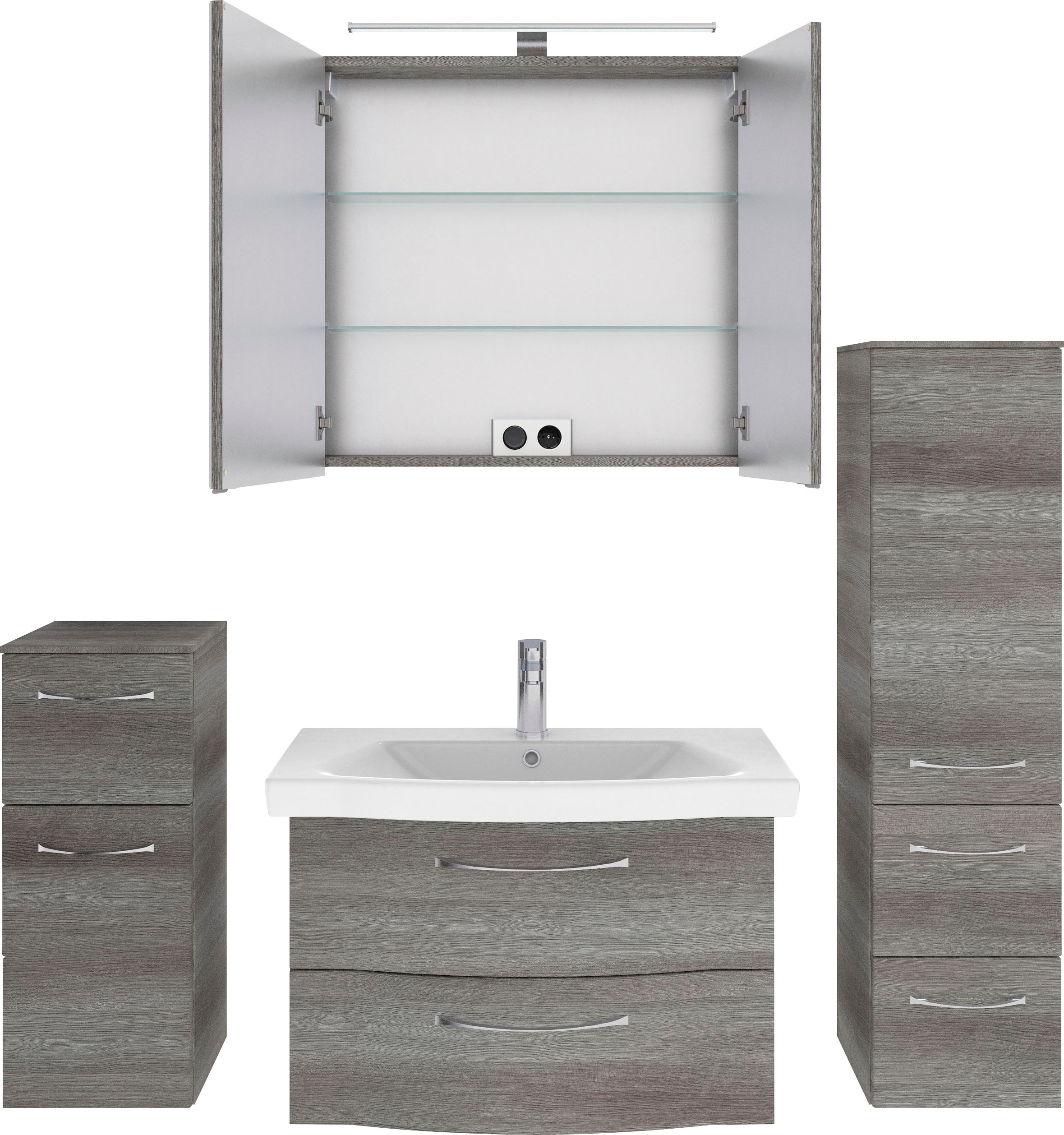 Saphir Badmöbel-Set »6005 Sprint 4-teilig, Keramik-Waschtisch mit LED-Spiegelschrank«, (5 St.), Unterschrank, Midischrank, inkl. Türdämpfer, 4 Türen, 5 Schubladen