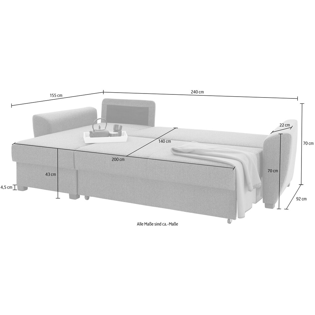 ATLANTIC home collection Ecksofa »L-Form«, inklusive Bettfunktion und Bettkasten