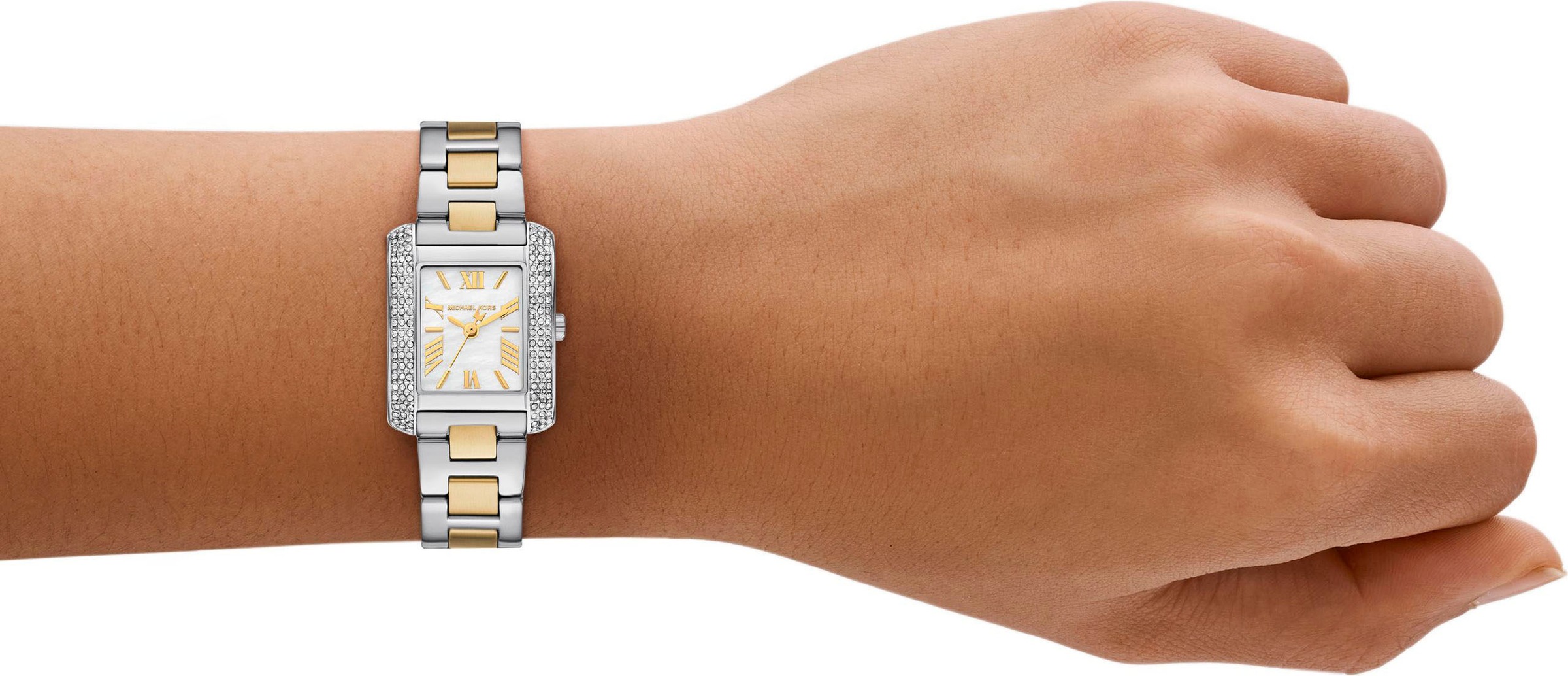 MICHAEL KORS Quarzuhr »PETITE EMERY«, Armbanduhr, Damenuhr, Edelstahlarmband, Perlmutt, Glassteine