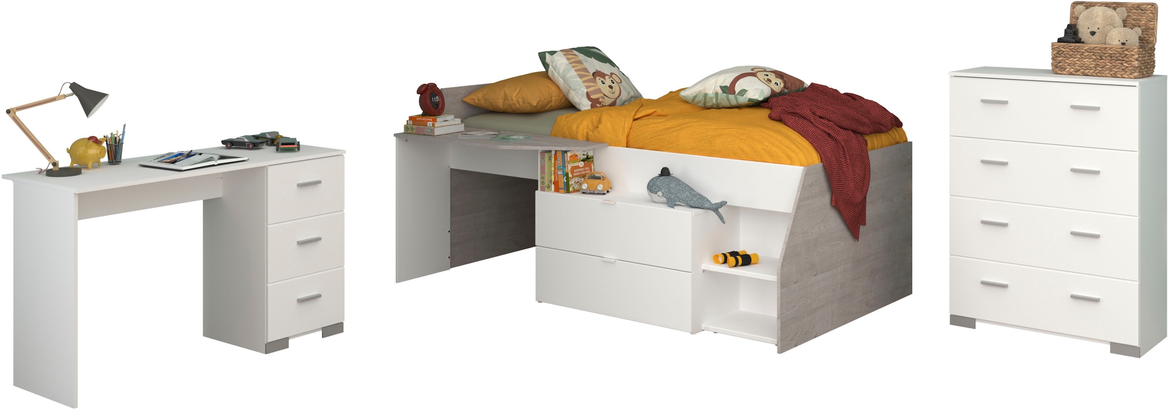 Parisot Jugendzimmer-Set »Parisot Milky 15«, (3 tlg.), viel Stauraum, halbhohes Hochbett