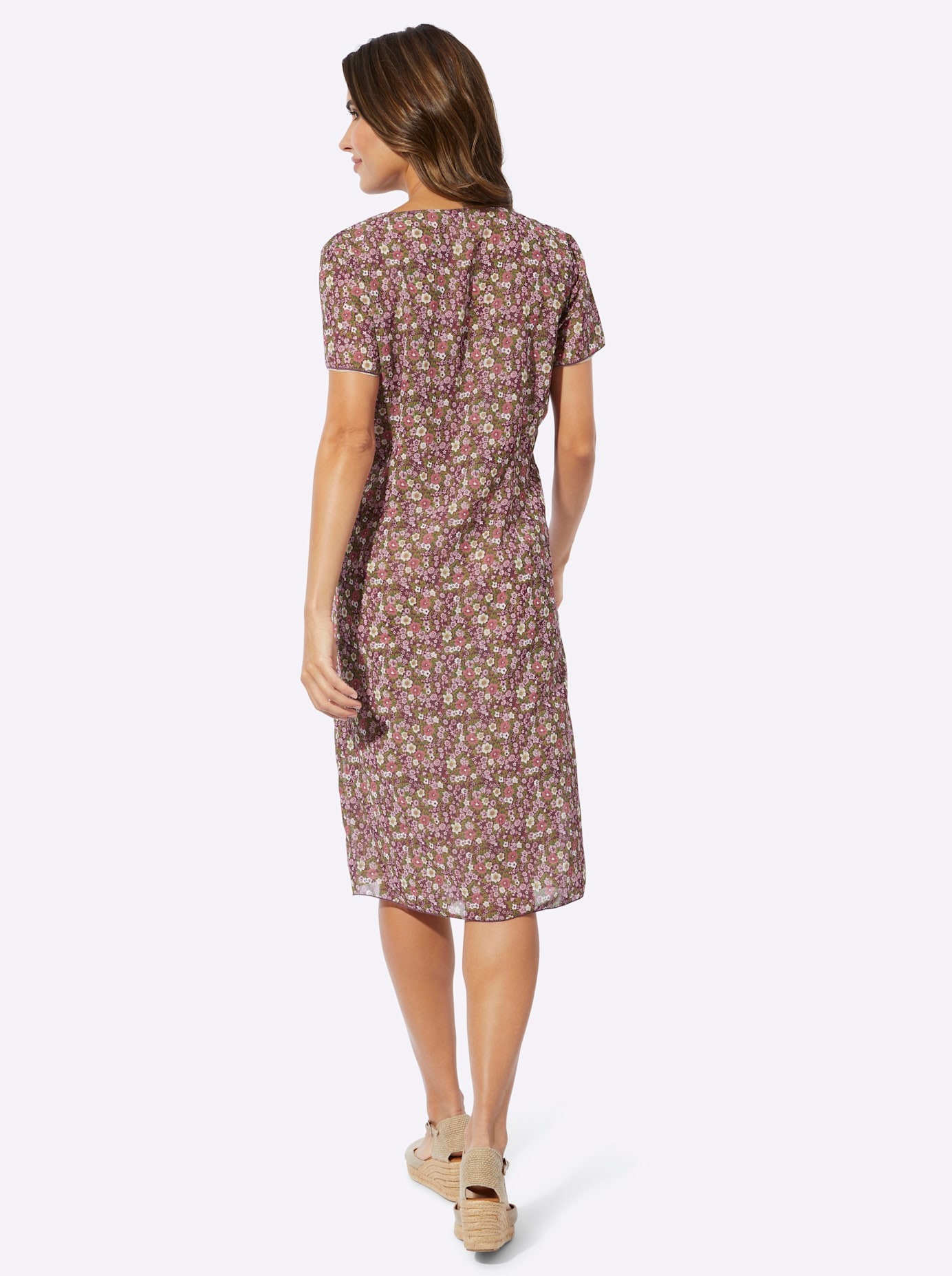 A-Linien-Kleid CLASSIC BASICS "Kleid", Damen, Gr. 44, Normalgrößen, rosa (rosé, khaki, bedruckt), Georgette, 100% Polyester, geblümt, gemustert, mehrfarbig, knielang, V-Ausschnitt, Kleider 3